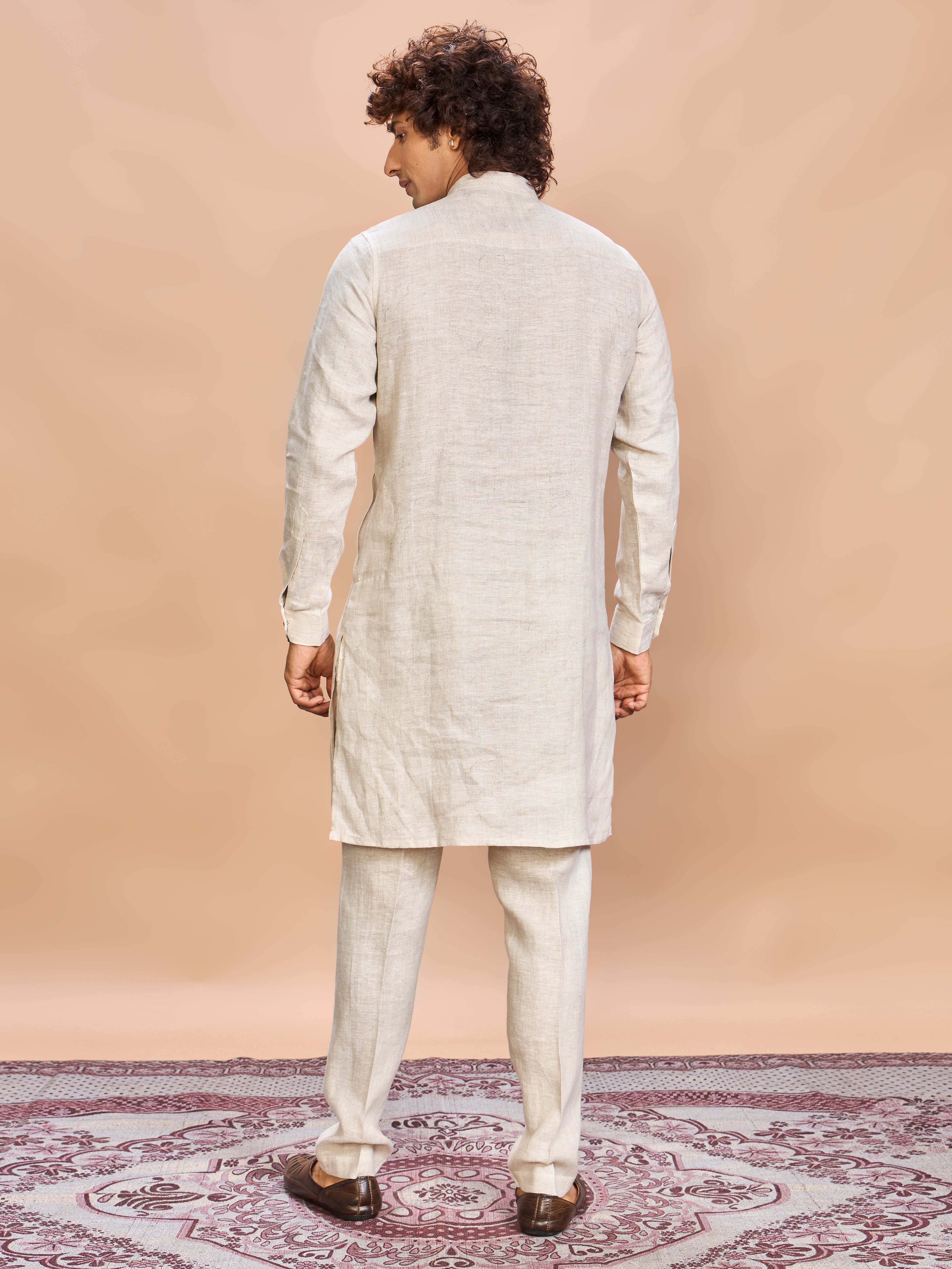Grey Printed Linen Jacket Kurta Set for Men