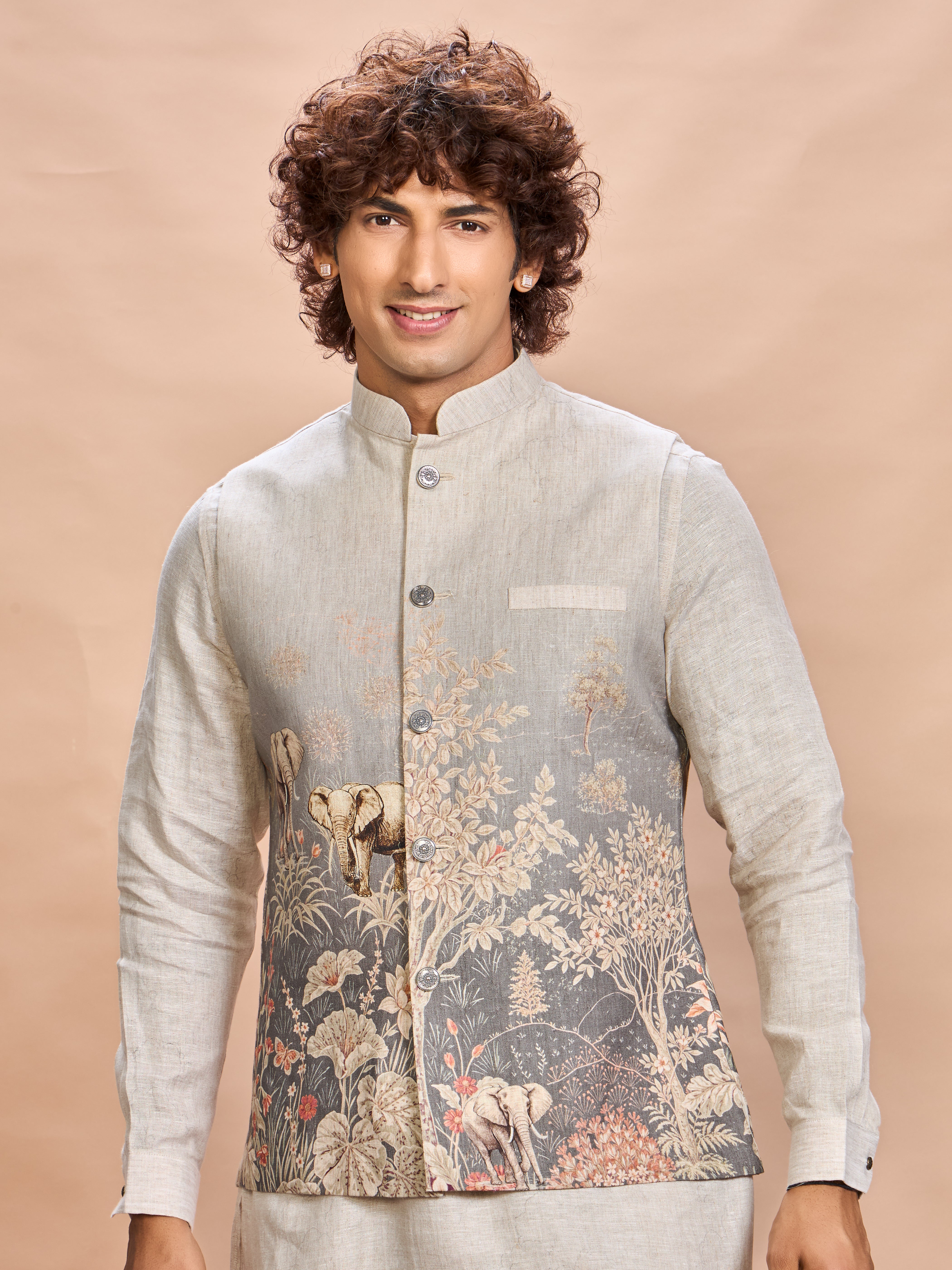 Grey Printed Linen Jacket Kurta Set for Men