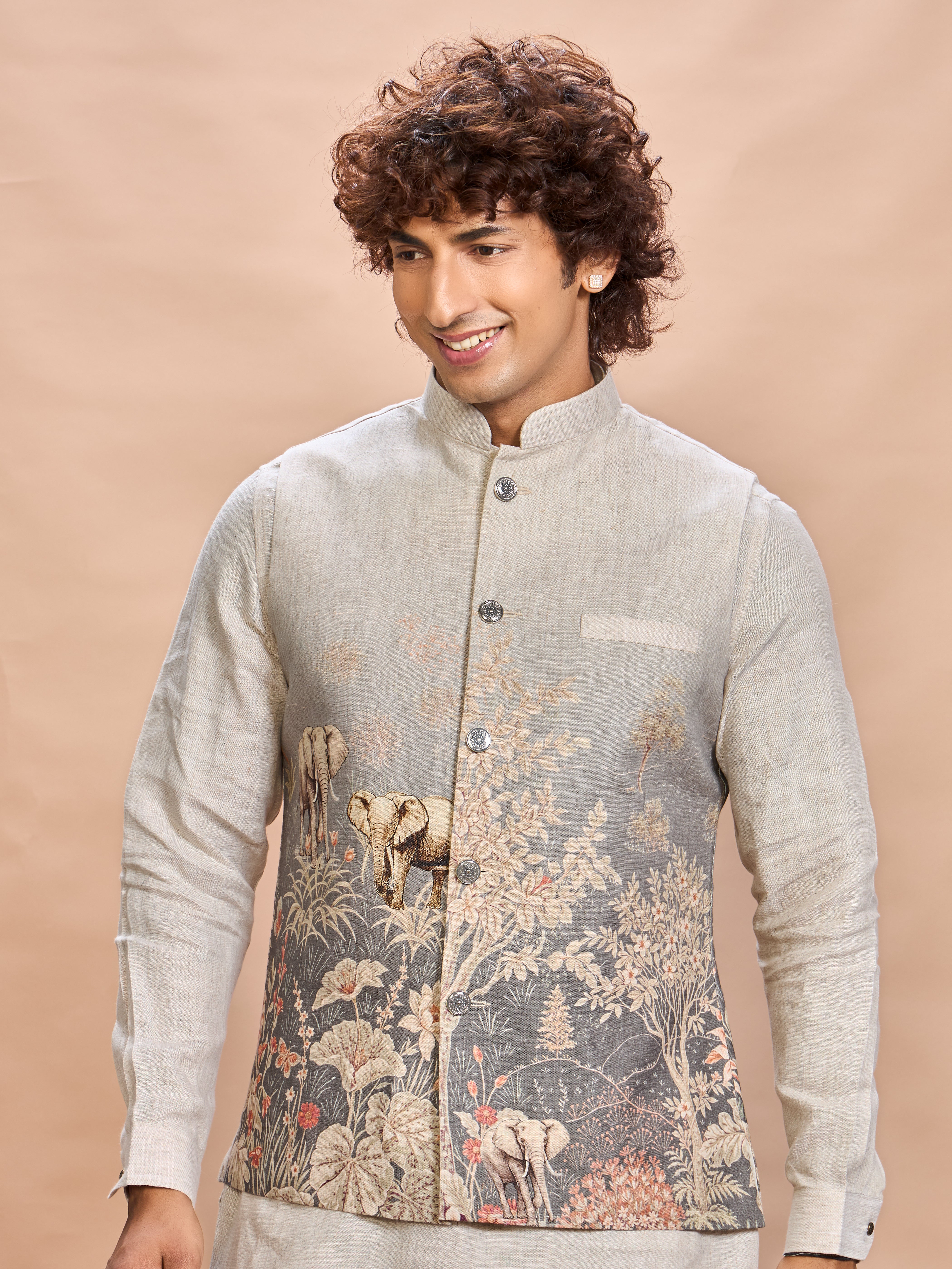 Grey Printed Linen Jacket Kurta Set for Men