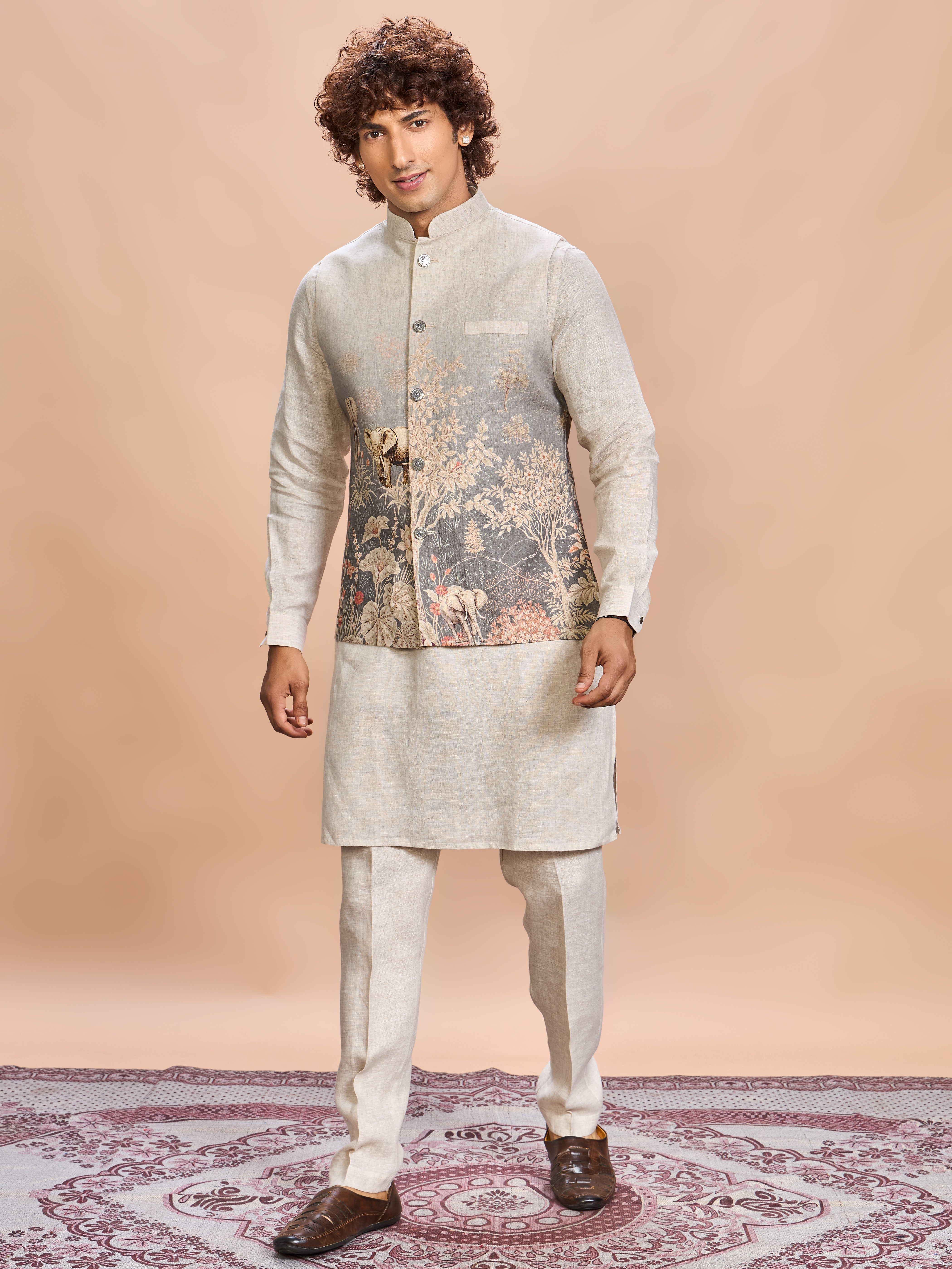 Grey Printed Linen Jacket Kurta Set for Men