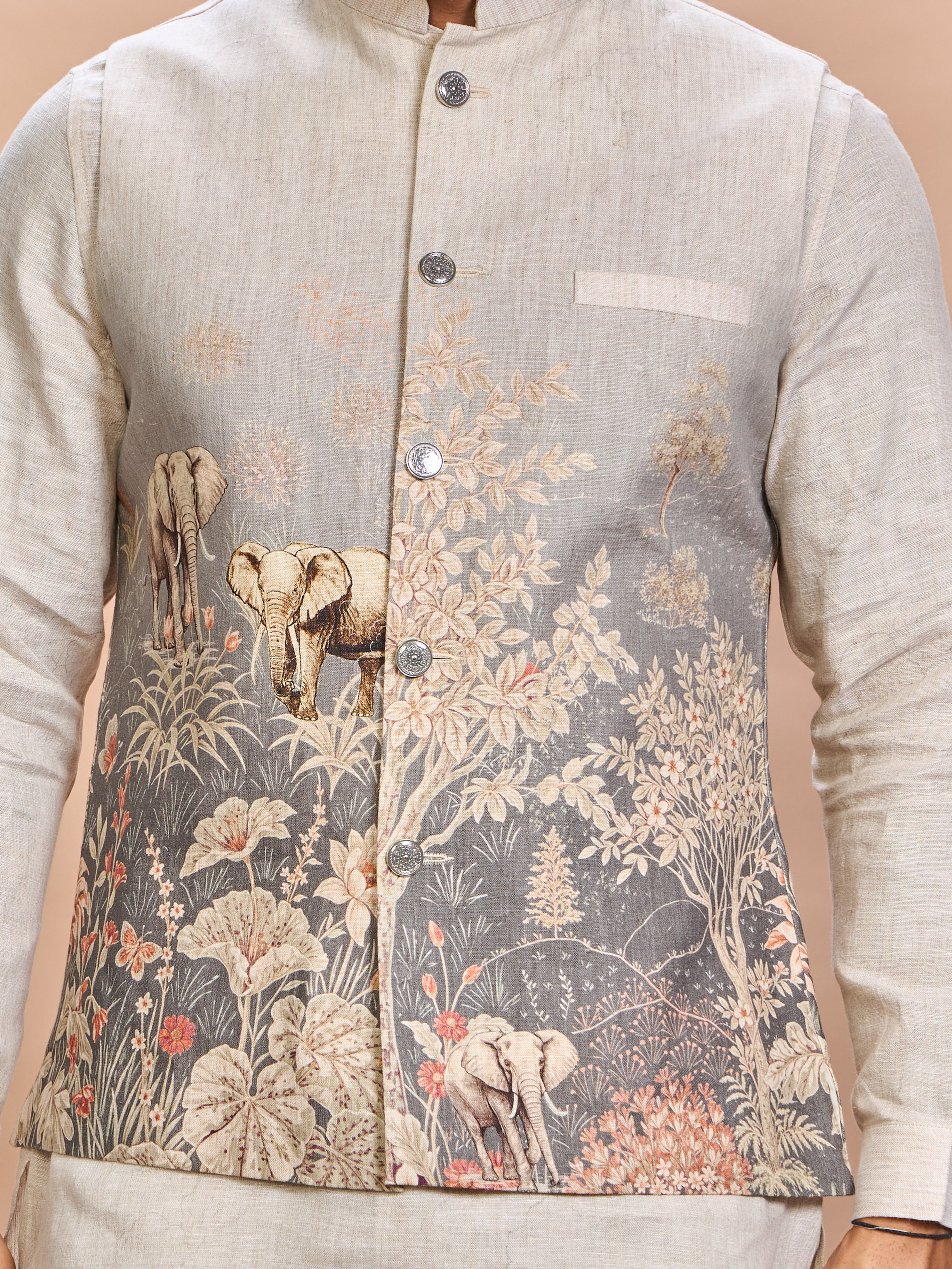 Grey Printed Linen Jacket Kurta Set for Men