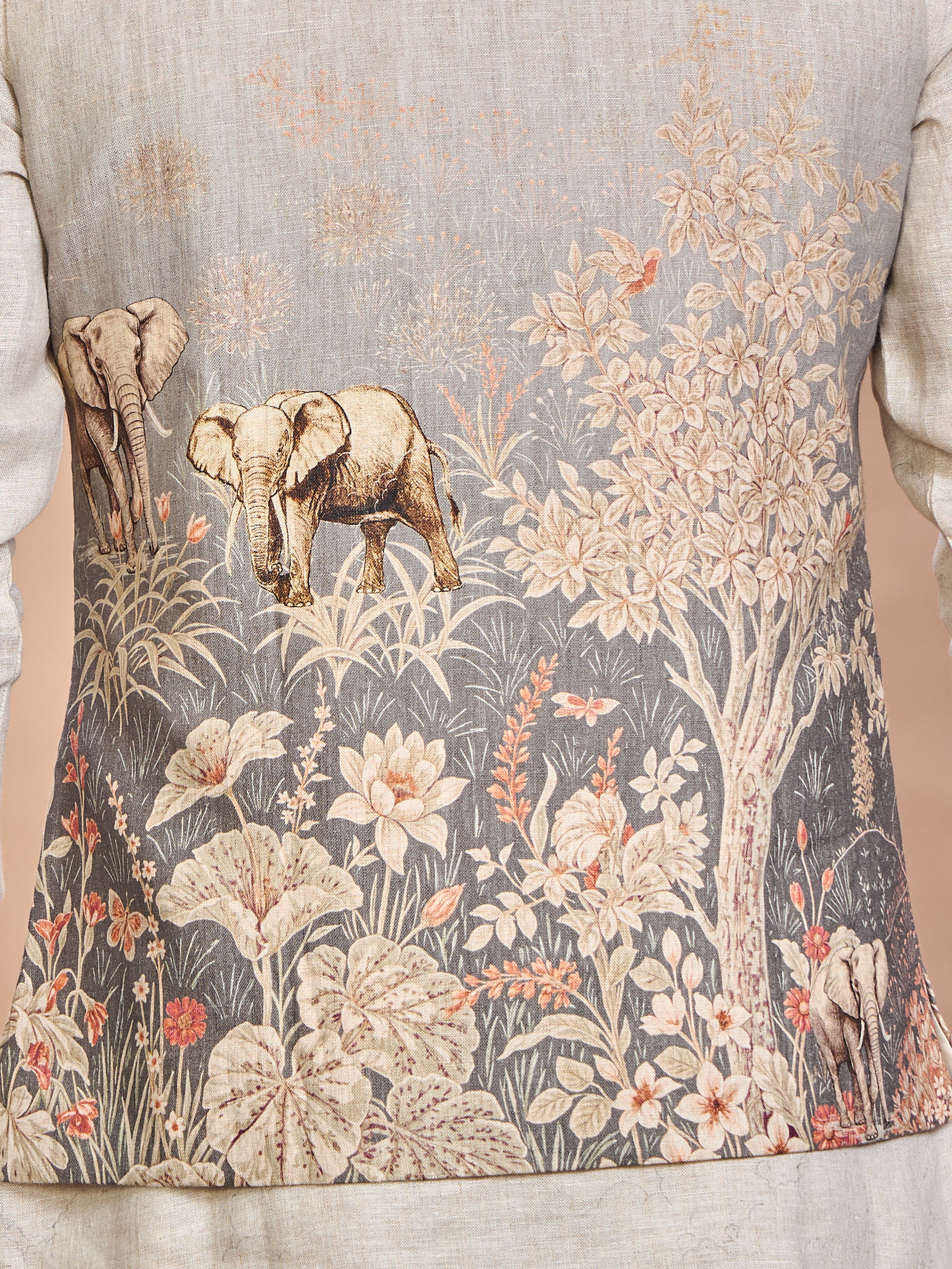 Grey Printed Linen Jacket Kurta Set for Men