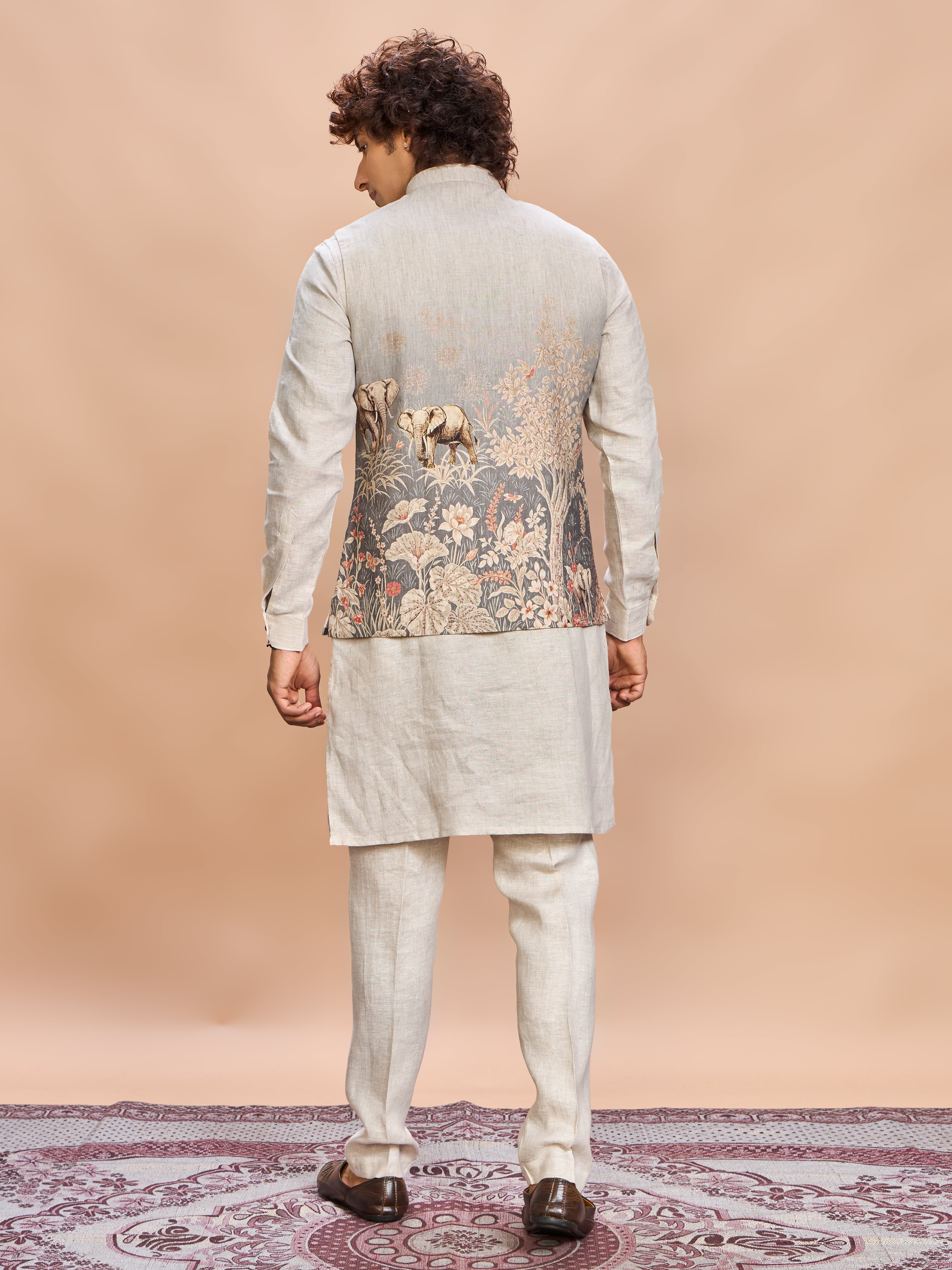 Grey Printed Linen Jacket Kurta Set for Men