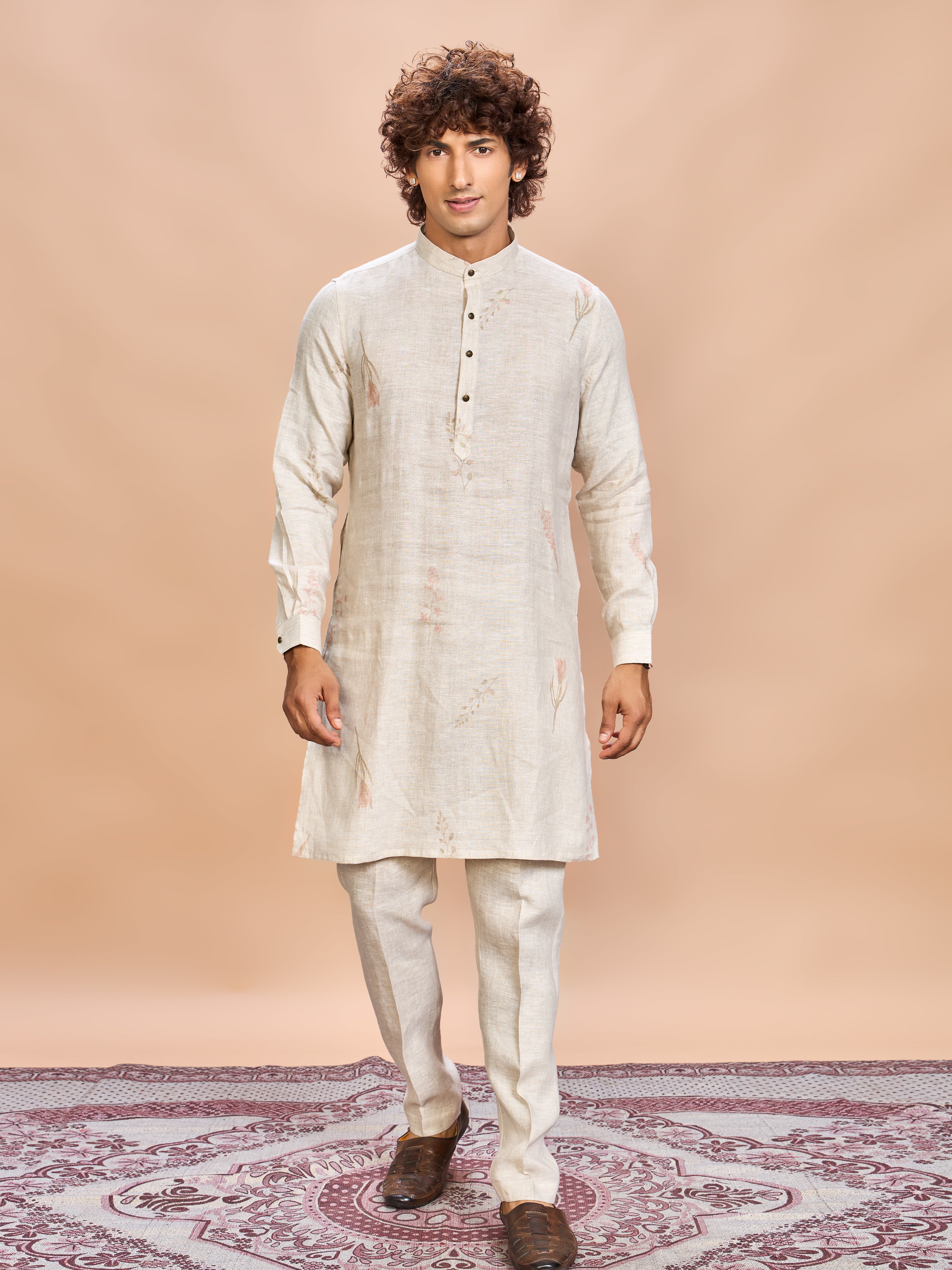Floral Pink Linen Jacket Kurta Set for Me