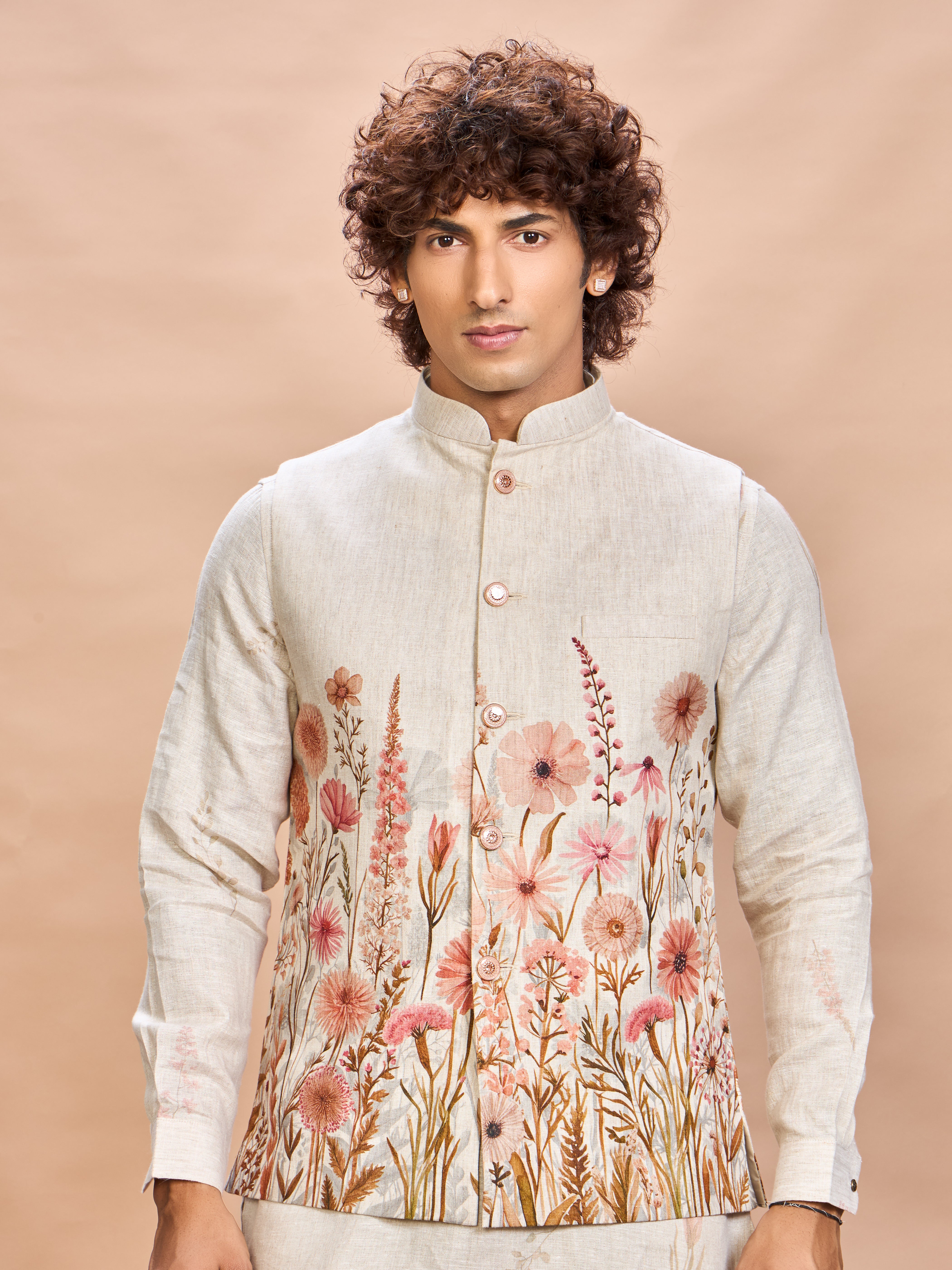 Floral Pink Linen Jacket Kurta Set for Me