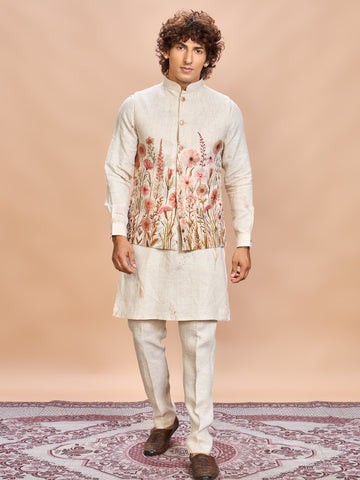 Floral Pink Linen Jacket Kurta Set for Me