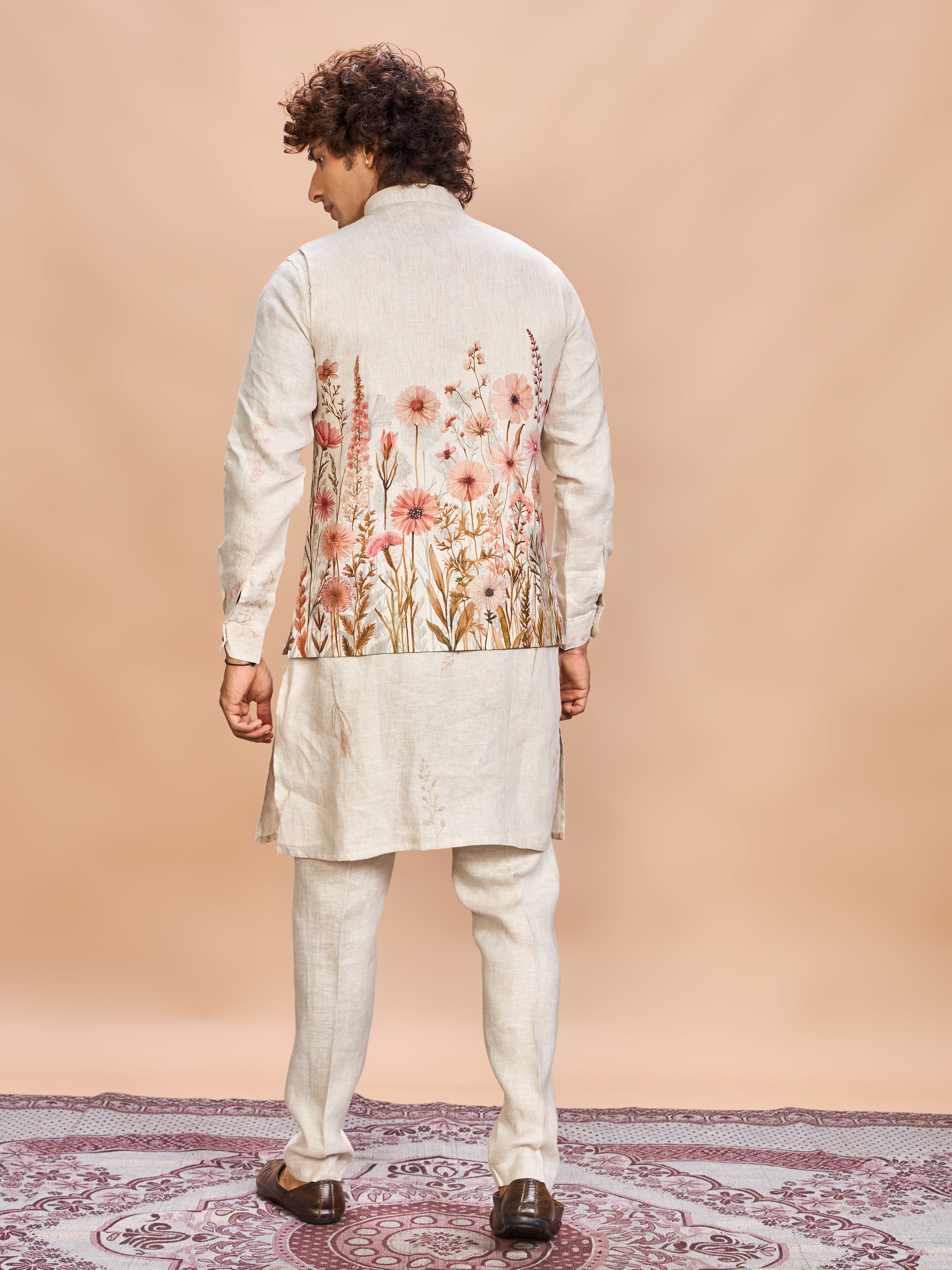 Floral Pink Linen Jacket Kurta Set for Me