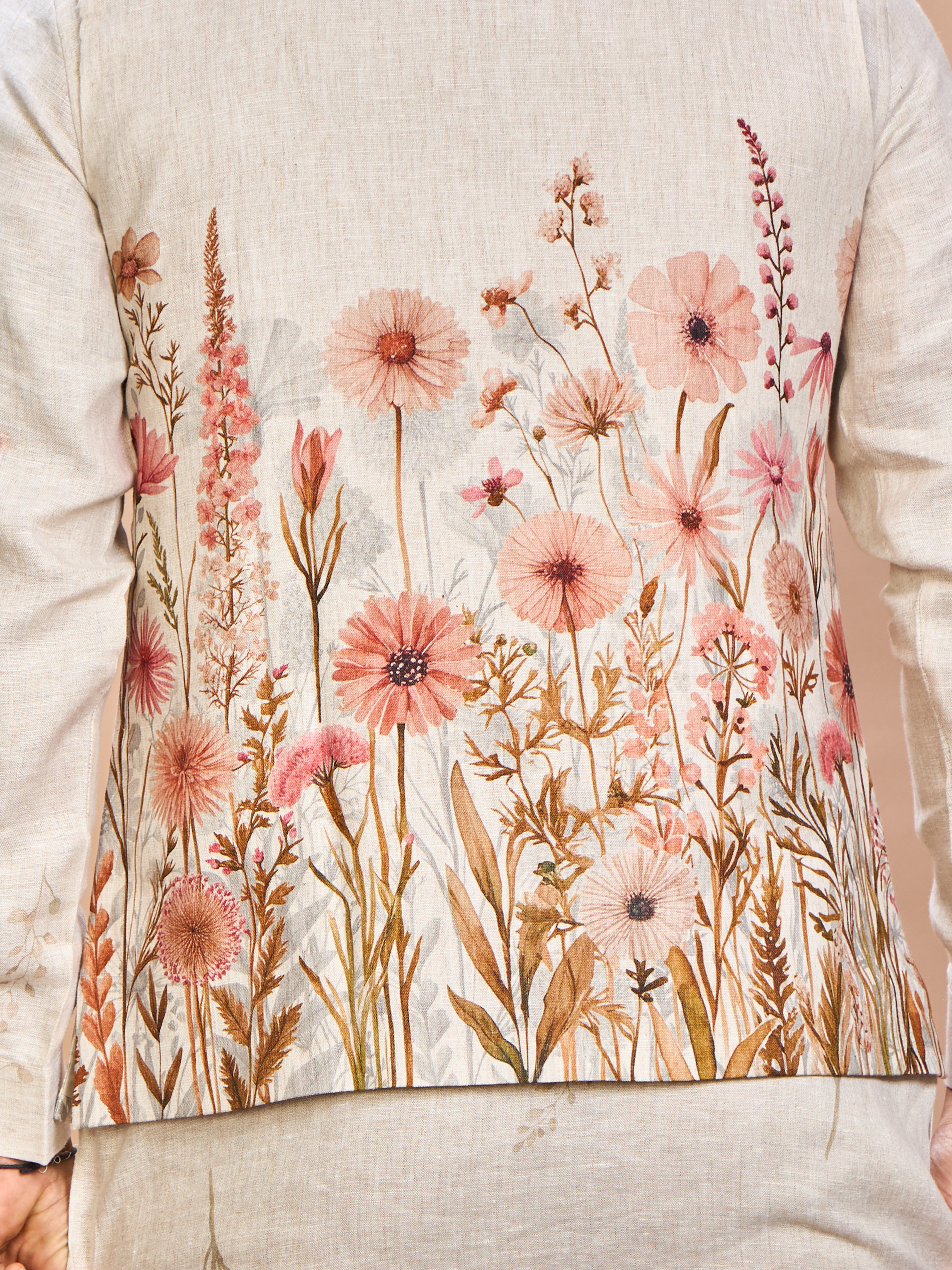 Floral Pink Linen Jacket Kurta Set for Me