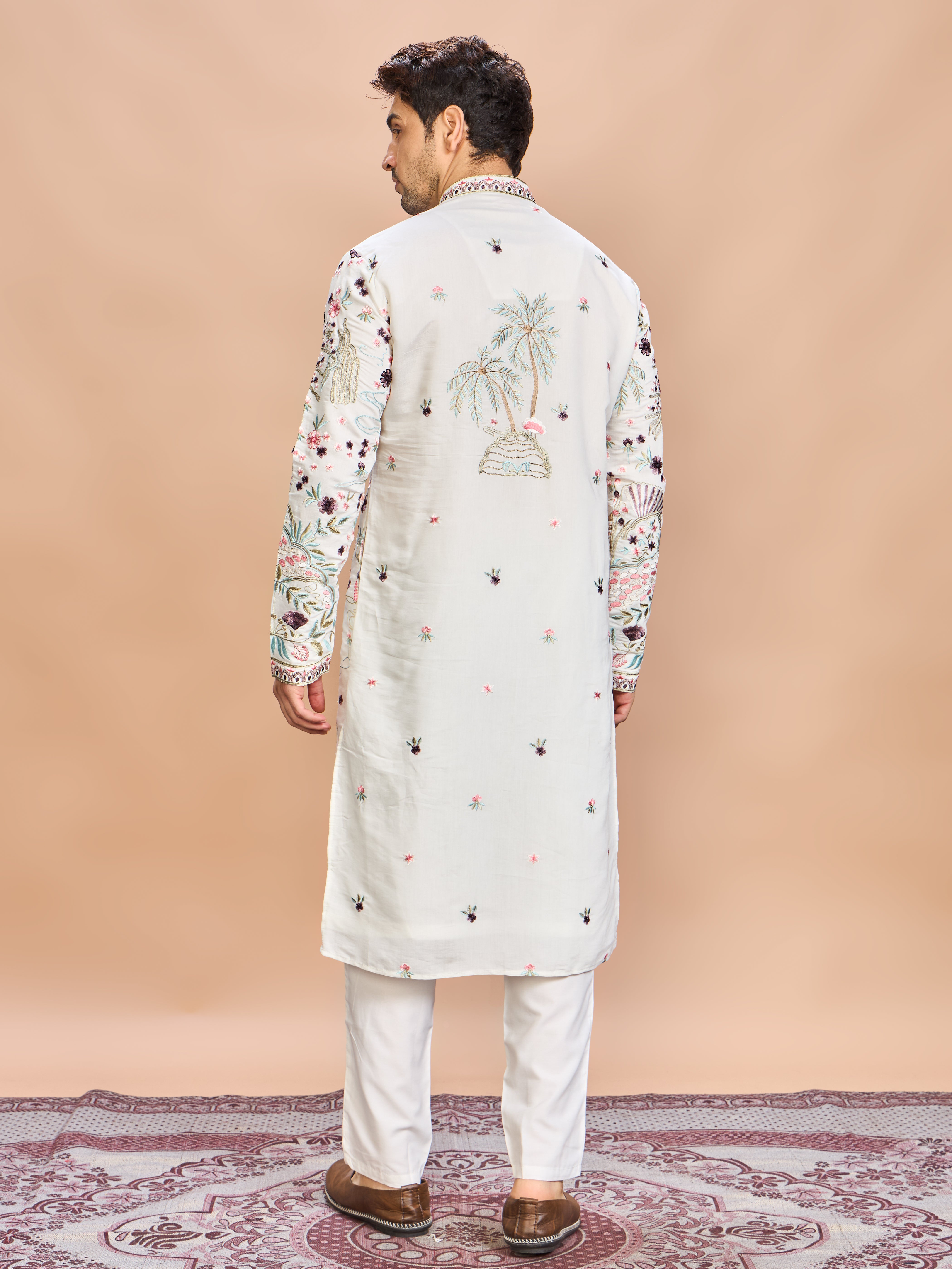 Cream Silk Embroidered Kurta Set