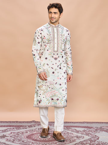 Cream Silk Embroidered Kurta Set