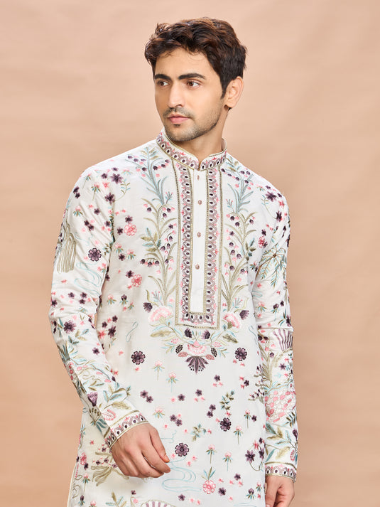 Cream Silk Embroidered Kurta Set
