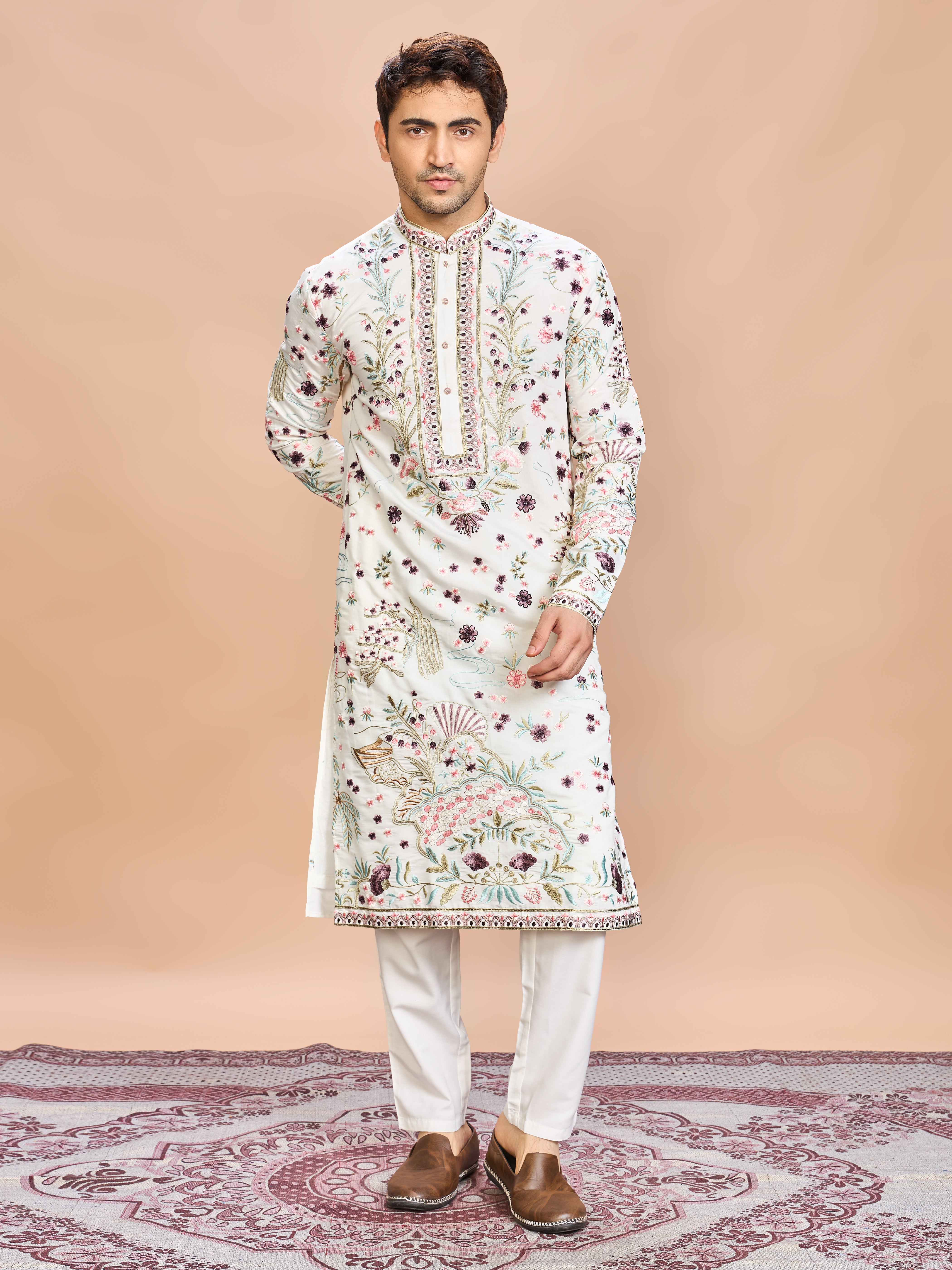 Cream Silk Embroidered Kurta Set