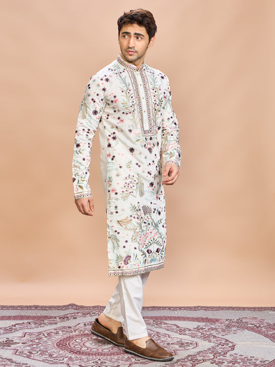 Cream Silk Embroidered Kurta Set