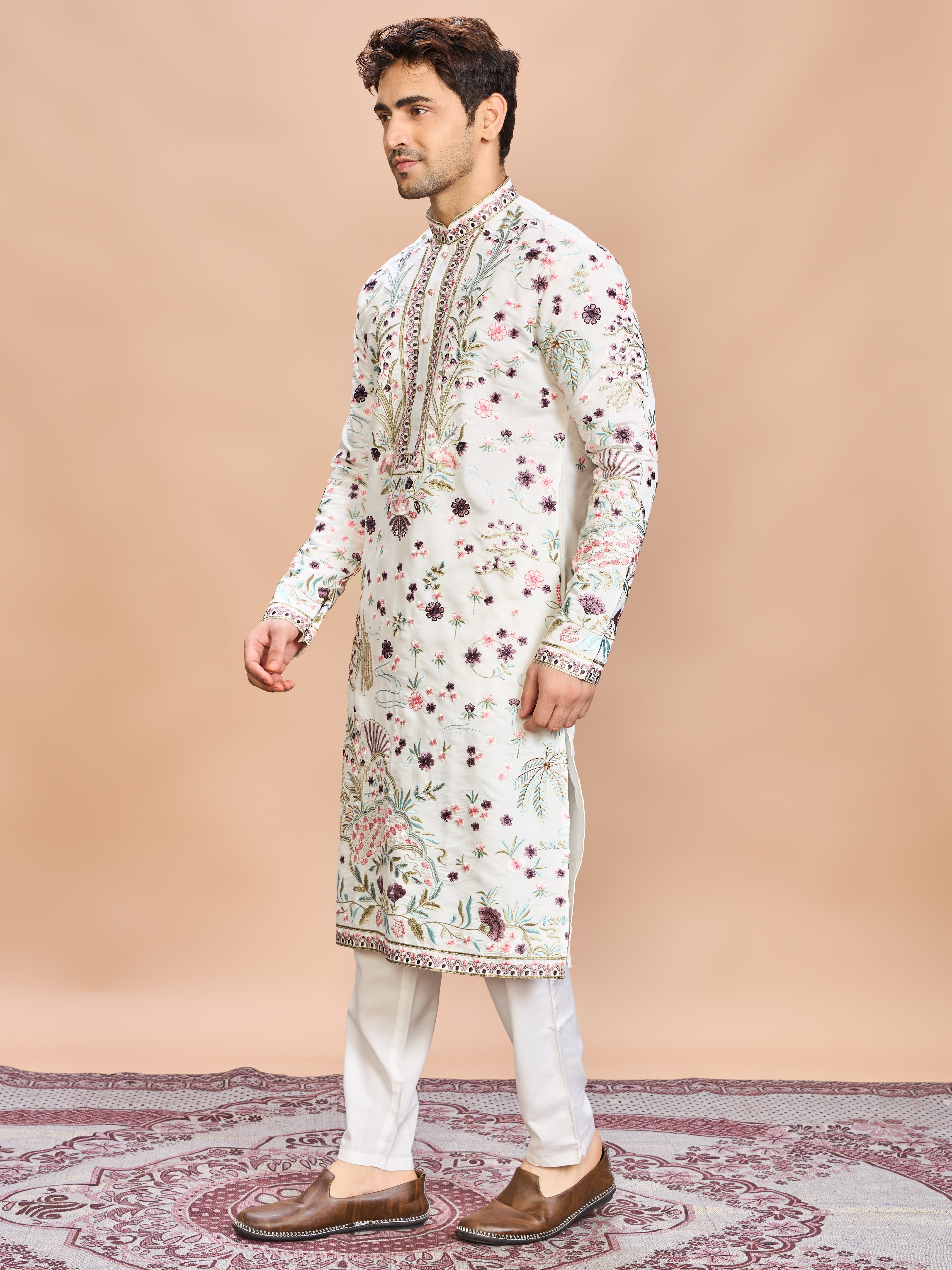 Cream Silk Embroidered Kurta Set