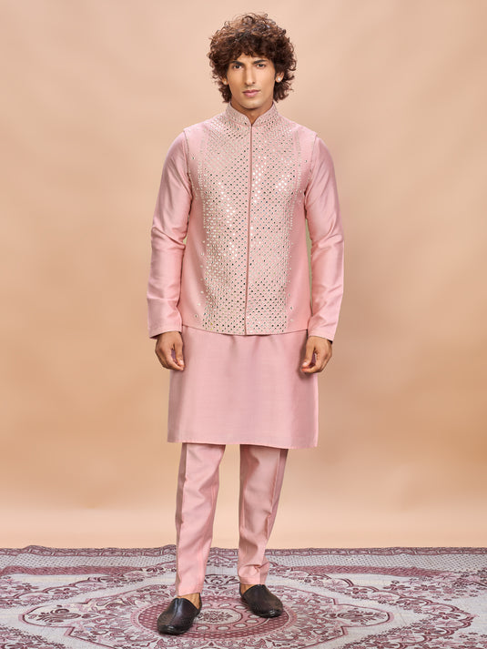 Pink Silk Jacket Kurta Set for Men