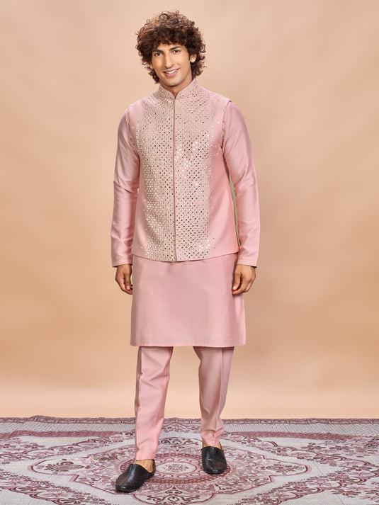 Pink Silk Jacket Kurta Set for Men