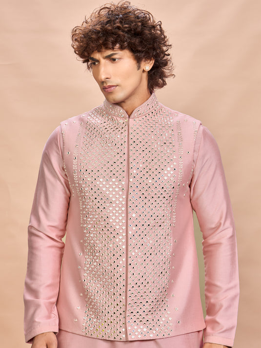 Pink Silk Jacket Kurta Set for Men