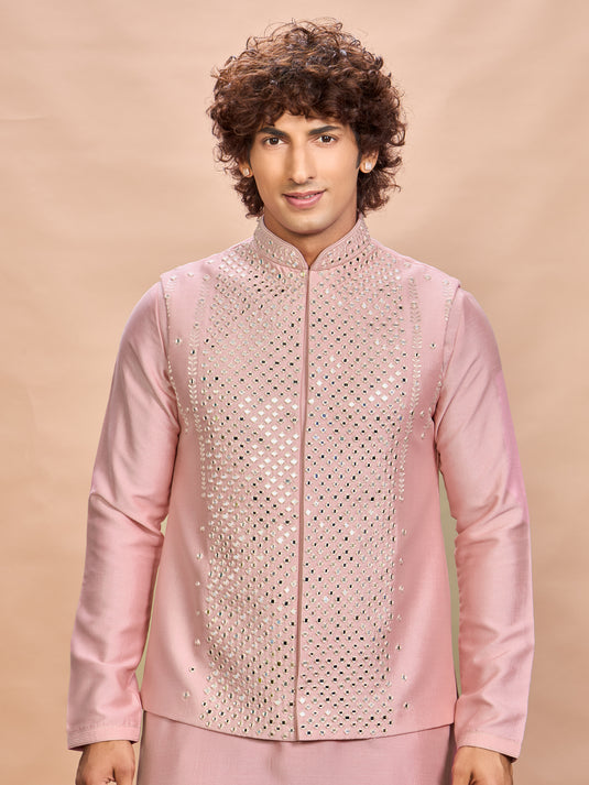 Pink Silk Jacket Kurta Set for Men