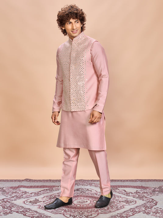 Pink Silk Jacket Kurta Set for Men