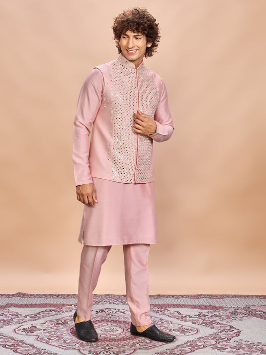 Pink Silk Jacket Kurta Set for Men
