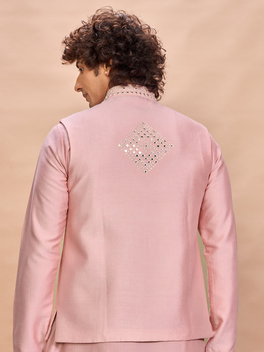 Pink Silk Jacket Kurta Set for Men
