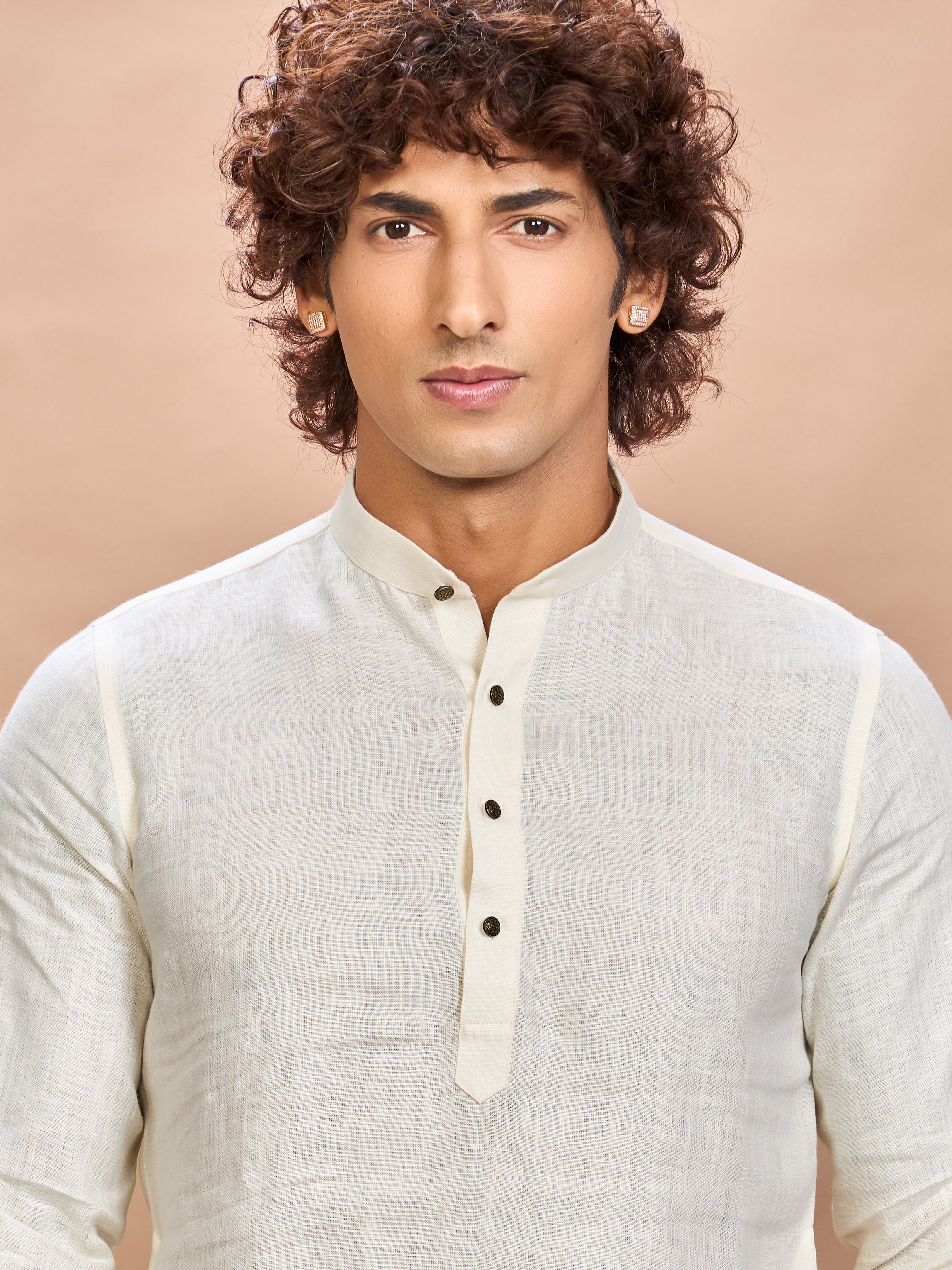 Luxury Cream Embroidered Linen Jacket Kurta Set for Men