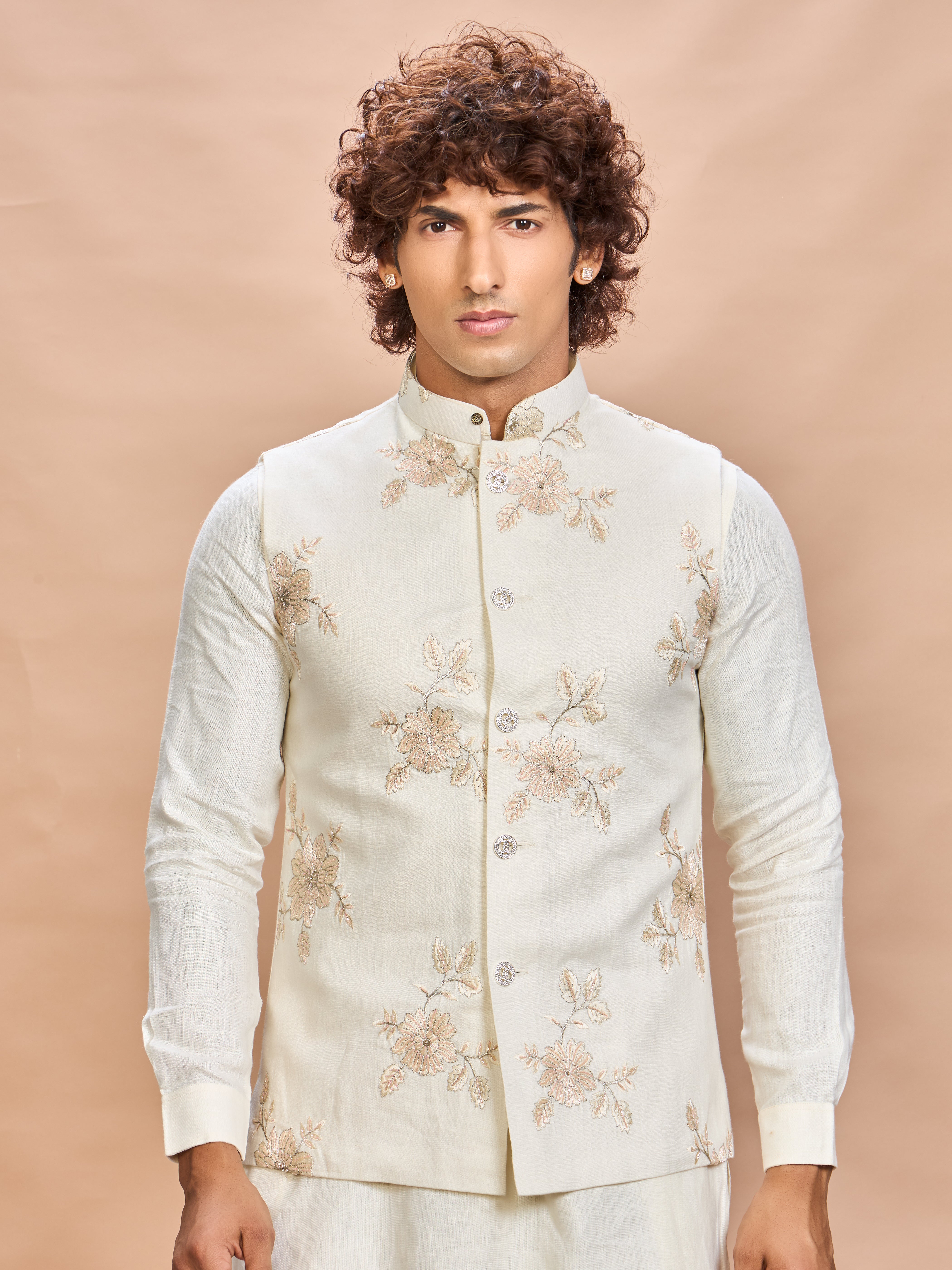Luxury Cream Embroidered Linen Jacket Kurta Set for Men