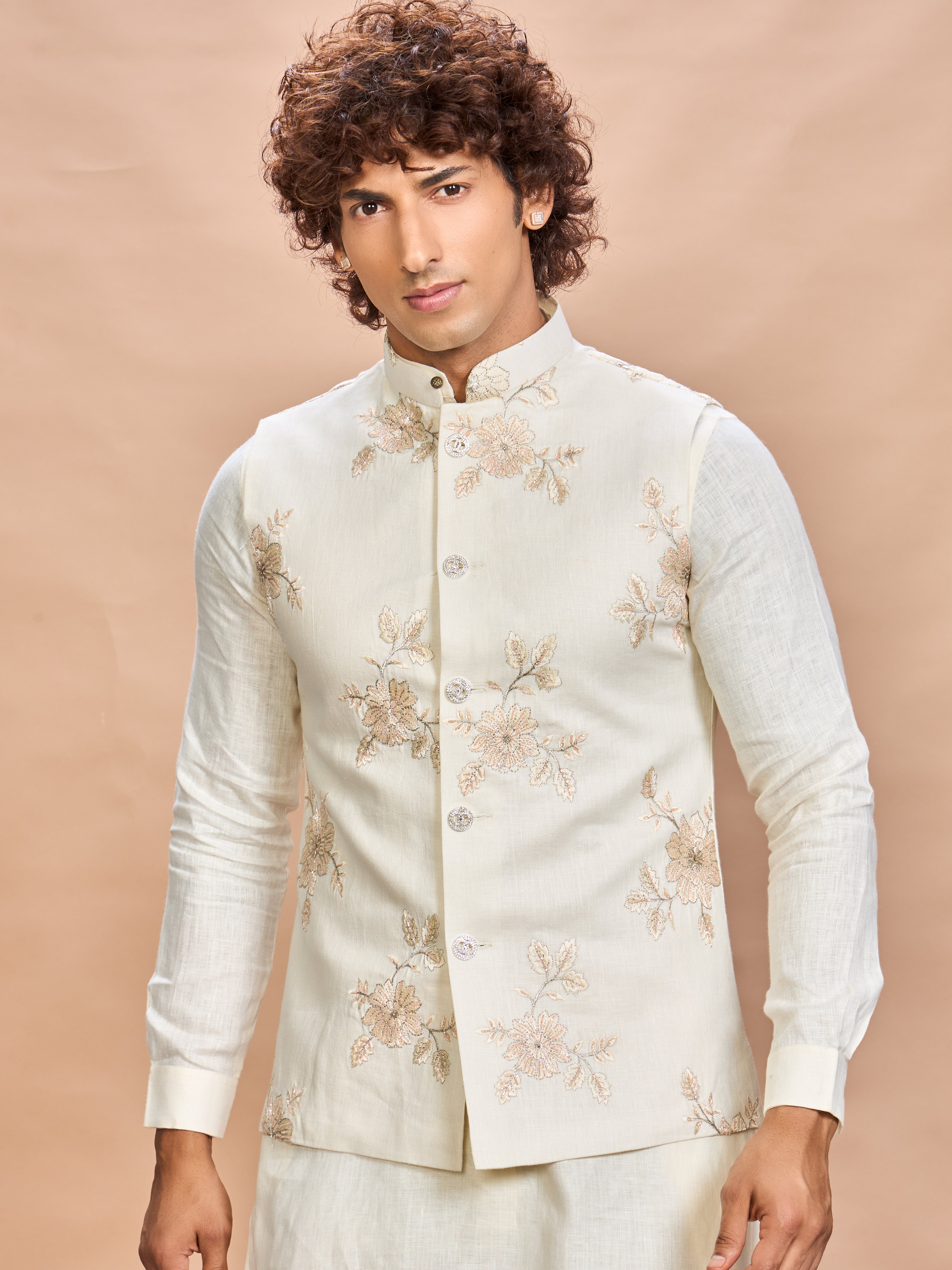 Luxury Cream Embroidered Linen Jacket Kurta Set for Men