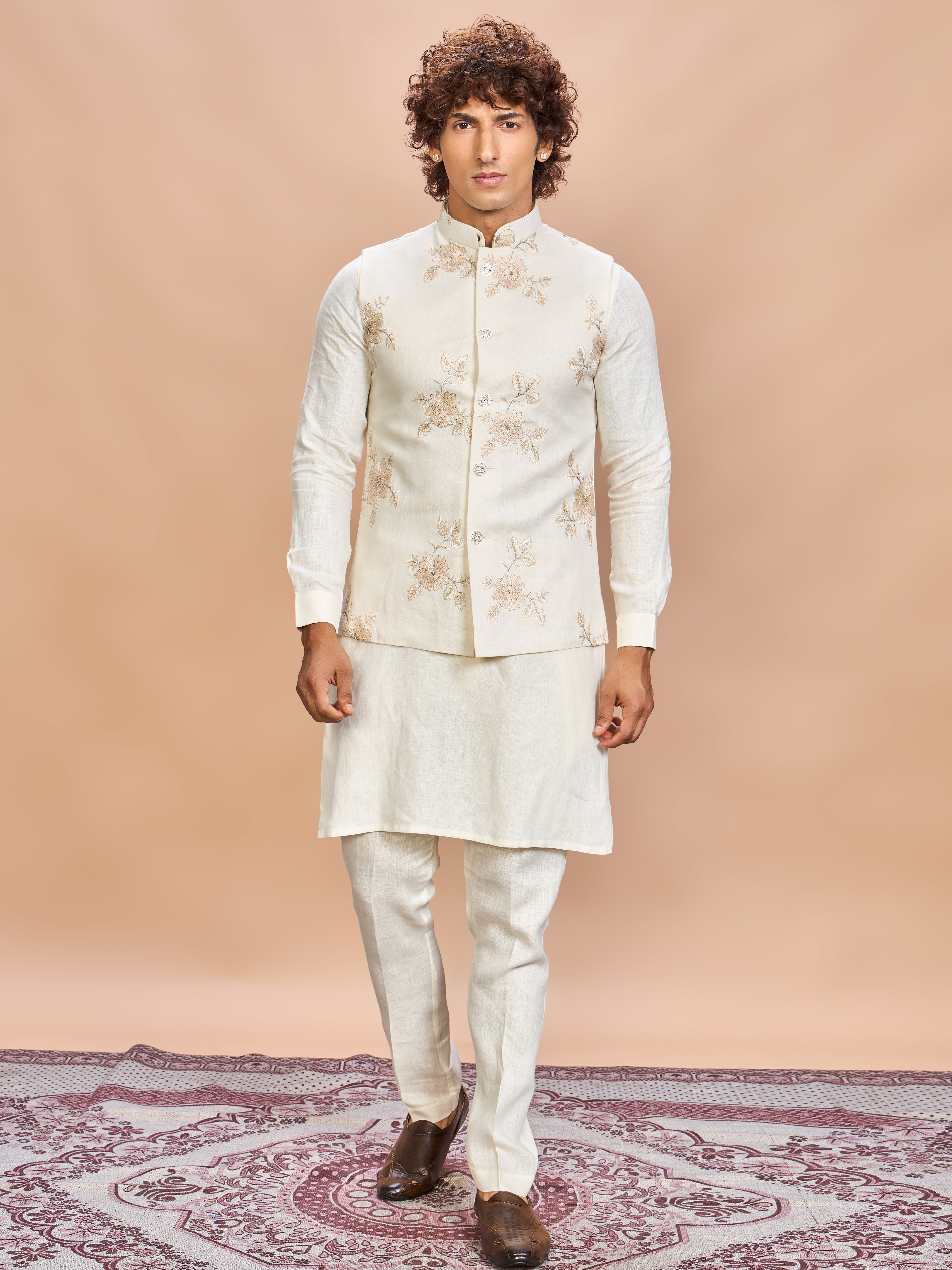 Luxury Cream Embroidered Linen Jacket Kurta Set for Men