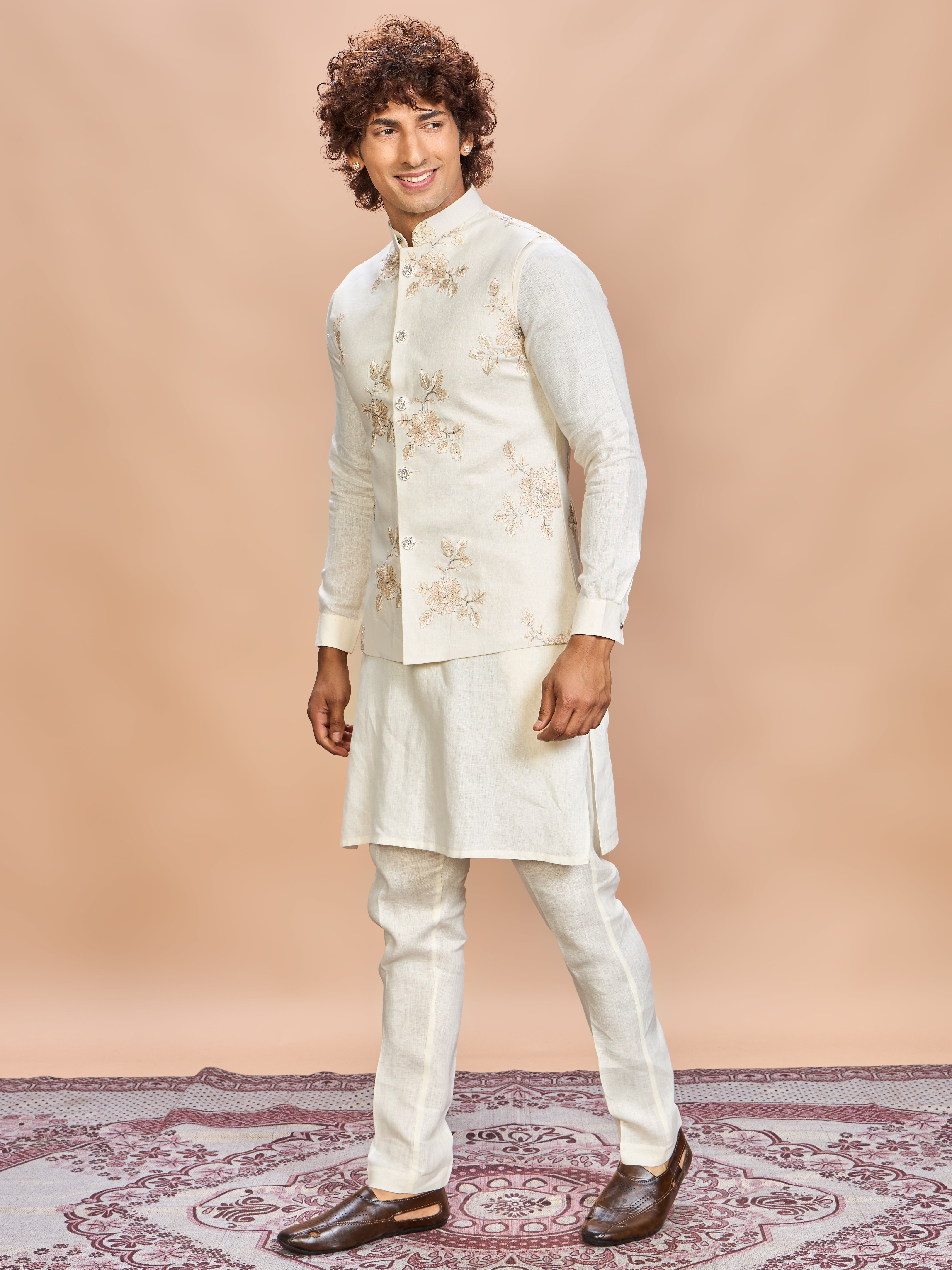 Luxury Cream Embroidered Linen Jacket Kurta Set for Men