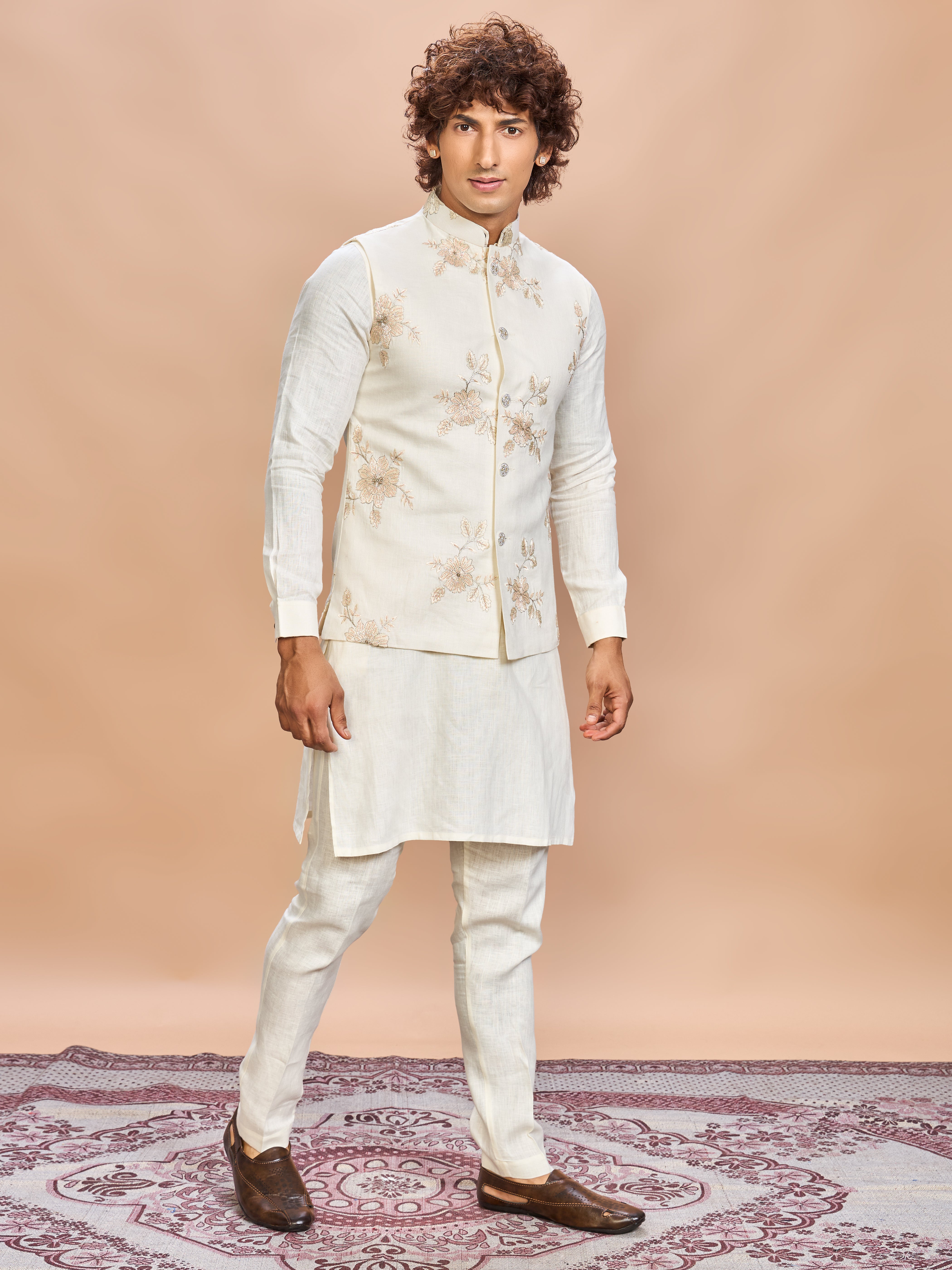 Luxury Cream Embroidered Linen Jacket Kurta Set for Men