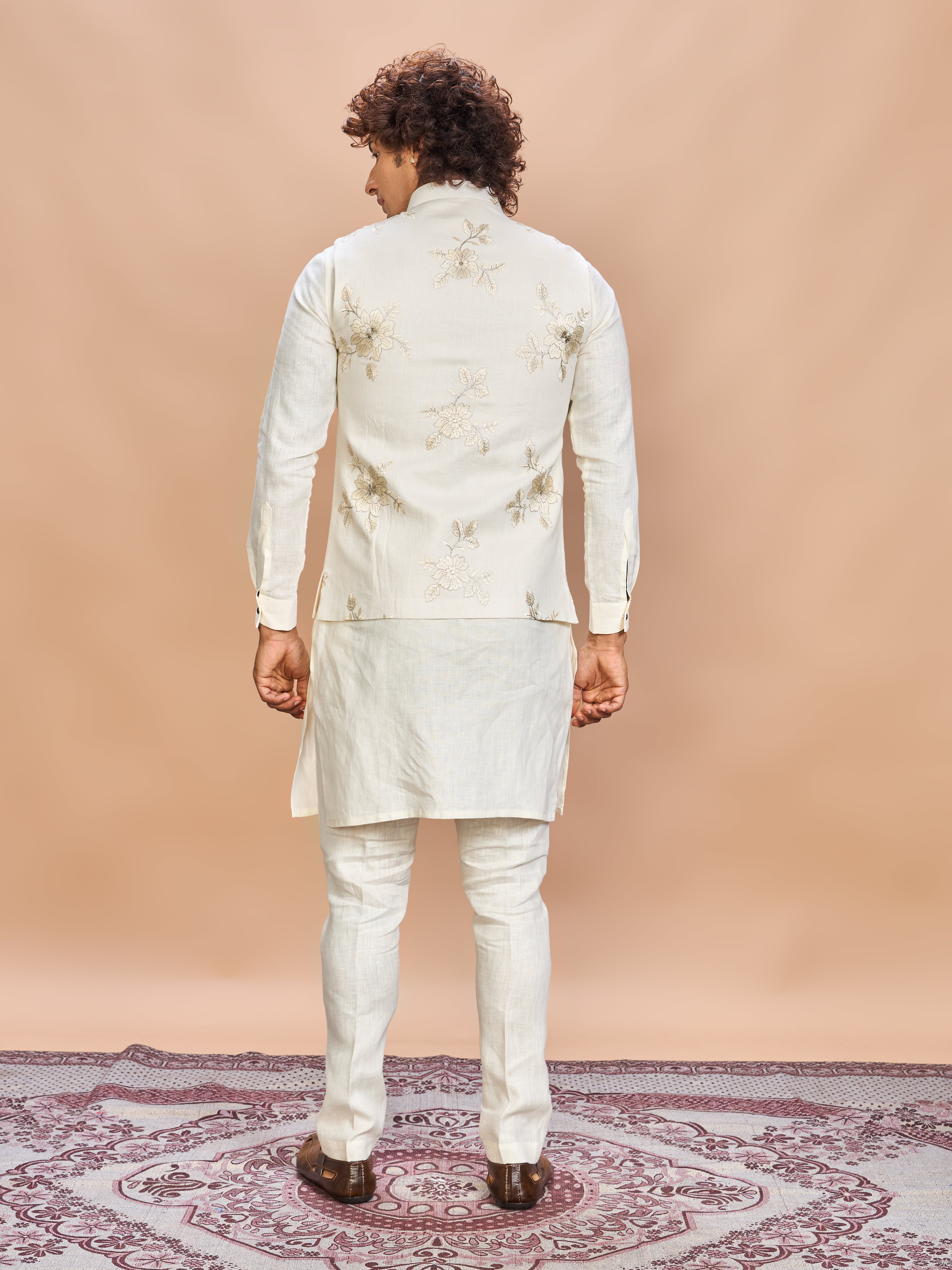 Luxury Cream Embroidered Linen Jacket Kurta Set for Men