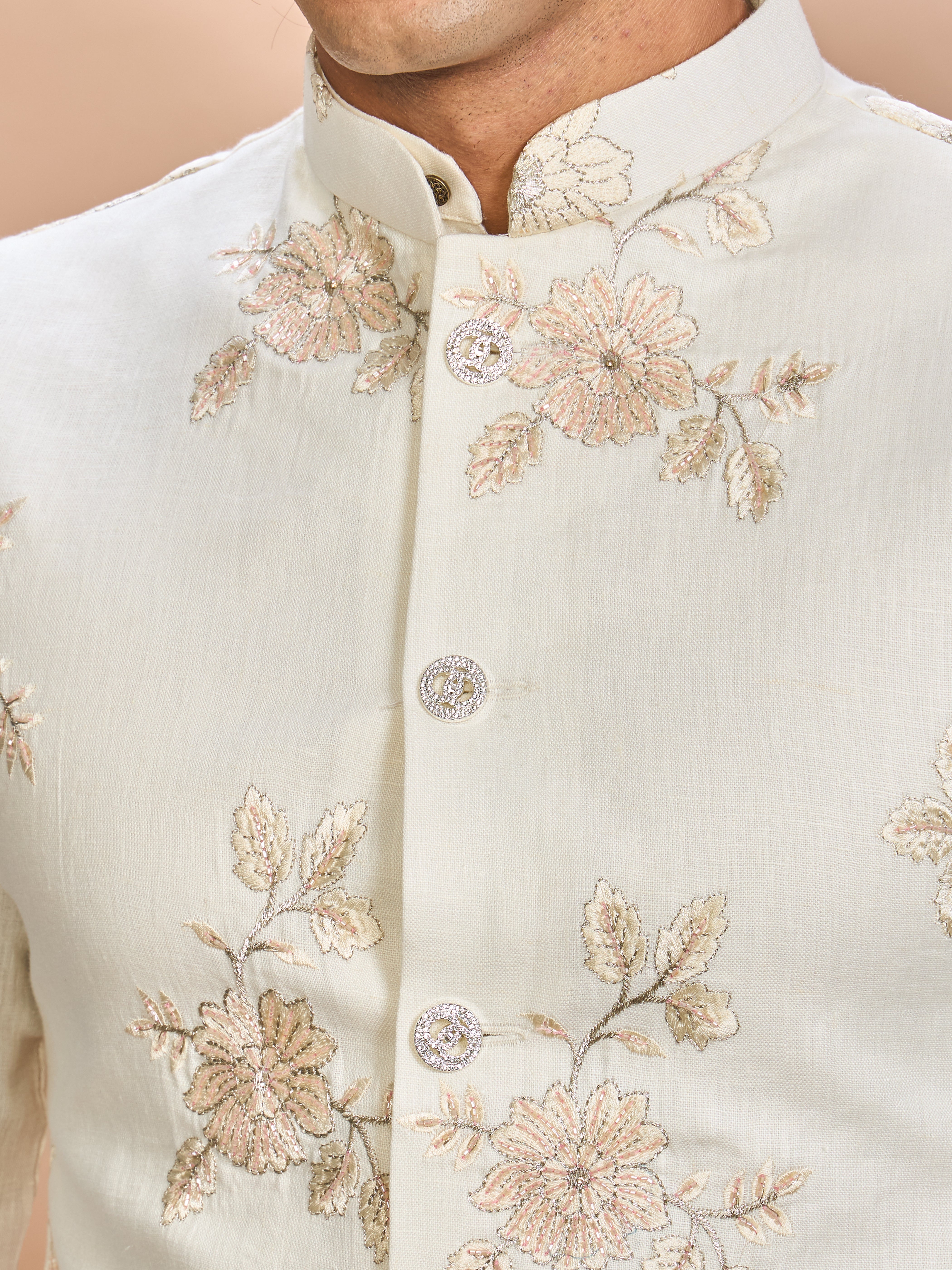 Luxury Cream Embroidered Linen Jacket Kurta Set for Men