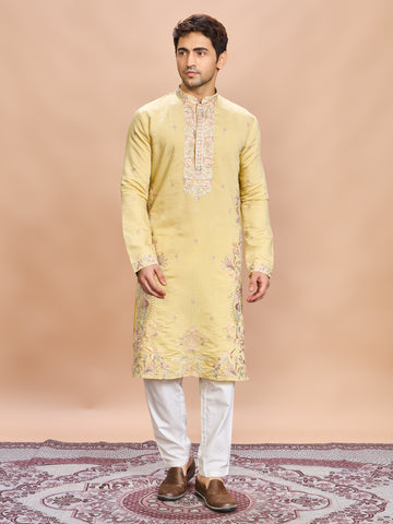 Mustard Silk Embroidered Kurta Set