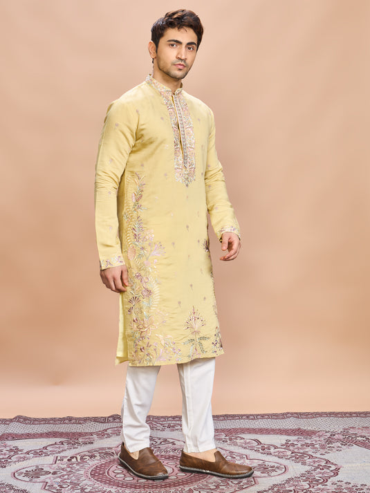 Mustard Silk Embroidered Kurta Set