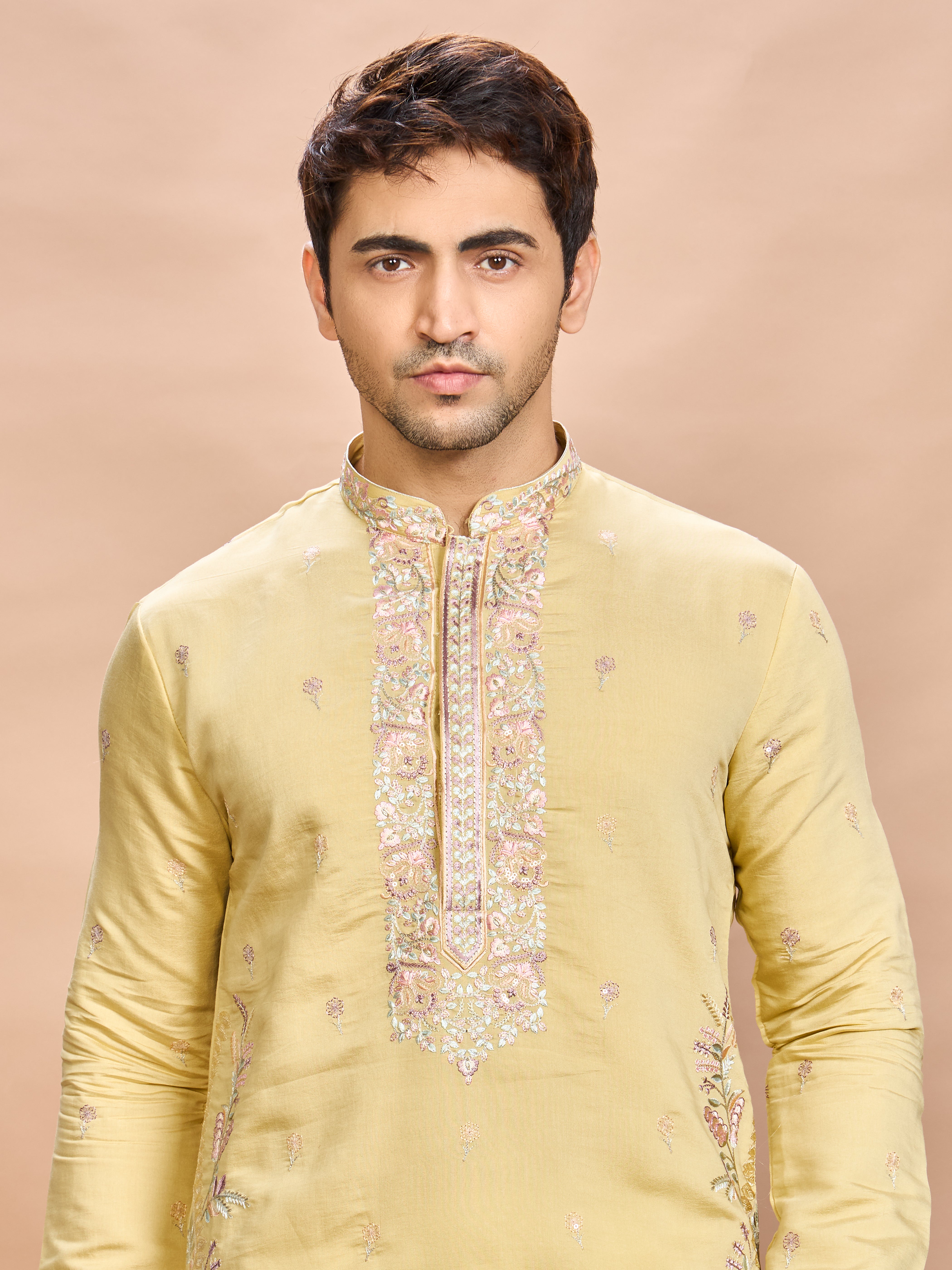 Mustard Silk Embroidered Kurta Set