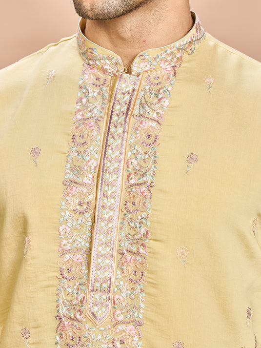 Mustard Silk Embroidered Kurta Set
