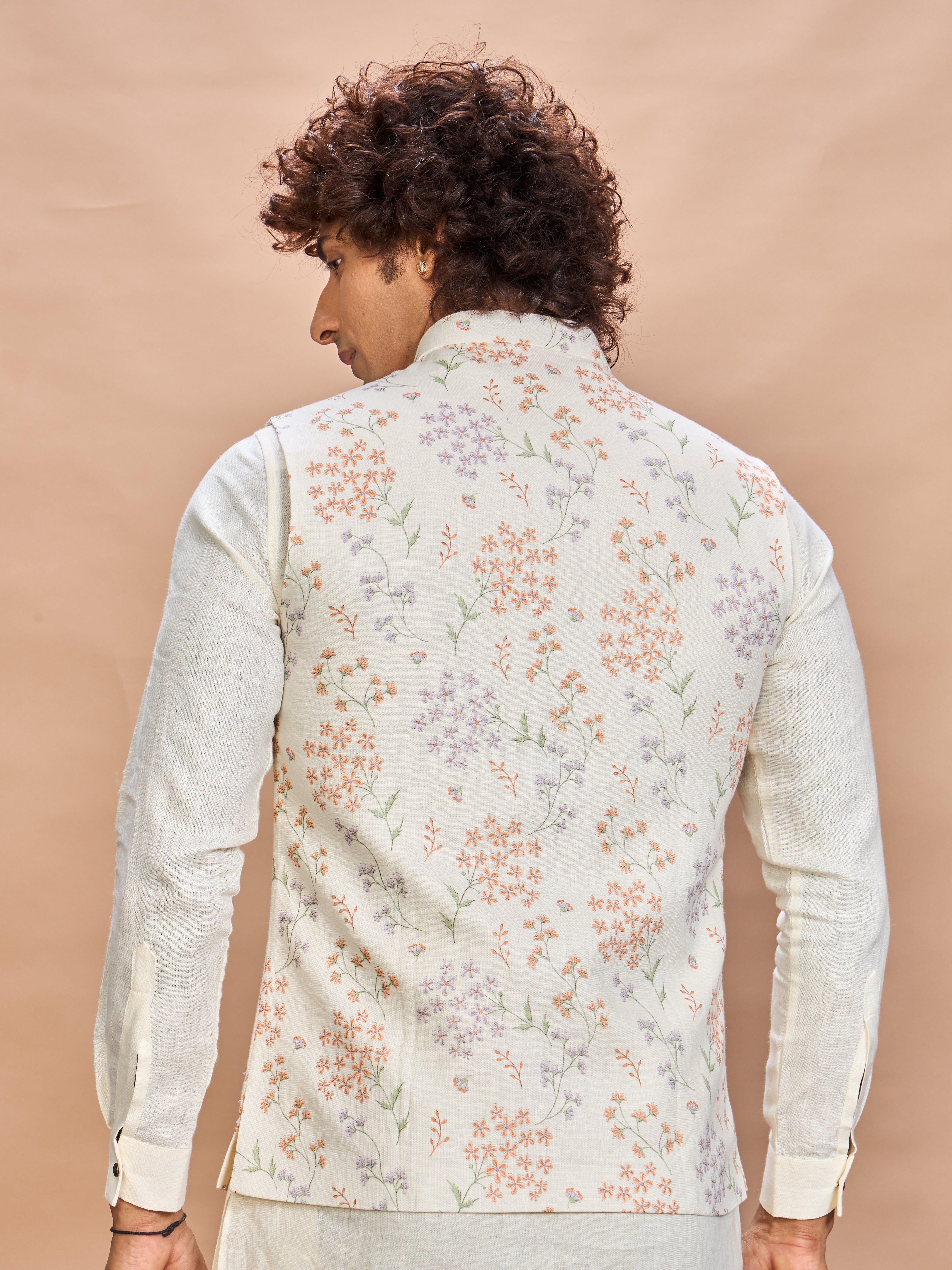 Multi Floral Printed Linen Jacket Kurta Set for Men