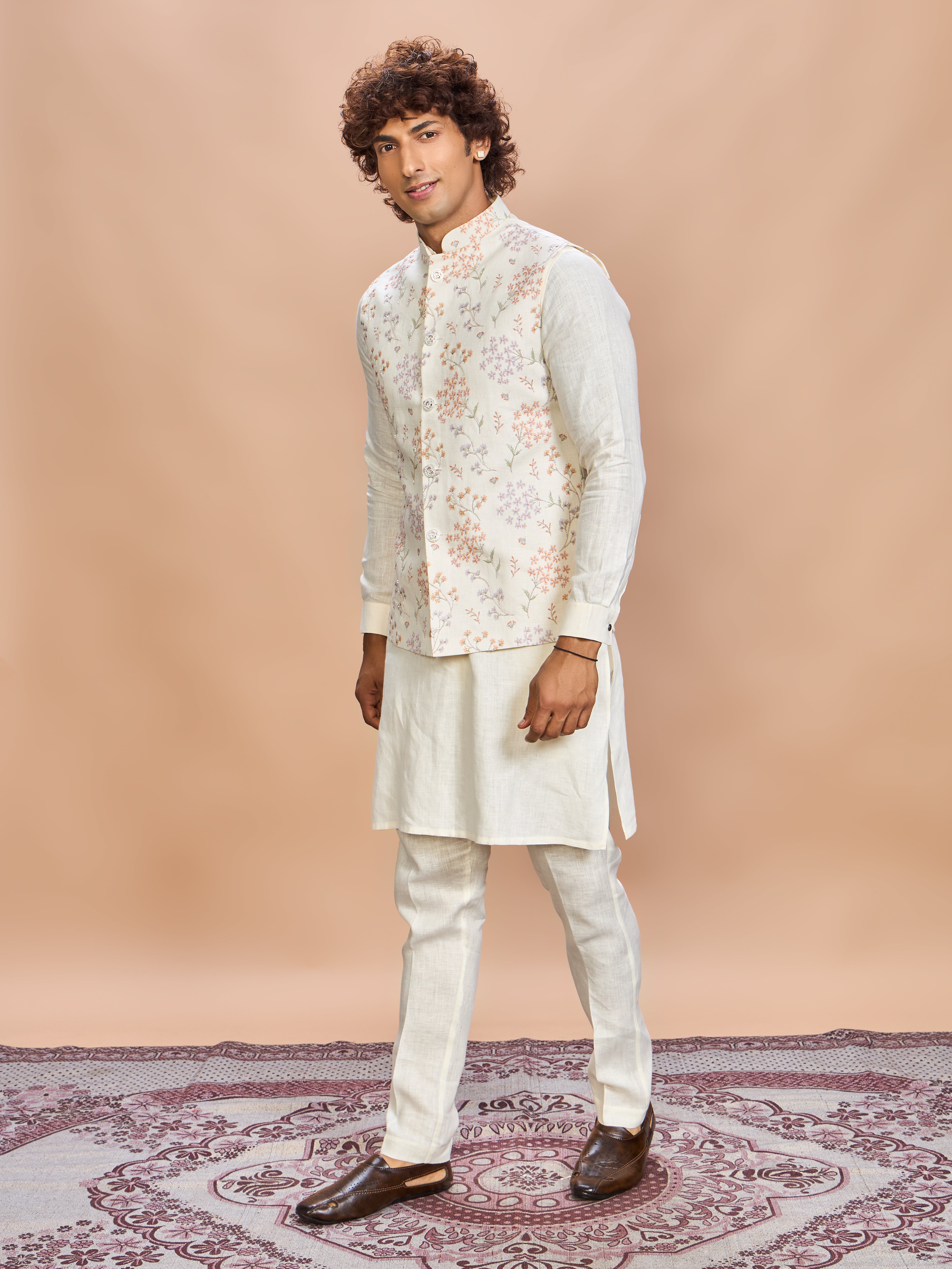 Multi Floral Printed Linen Jacket Kurta Set for Men