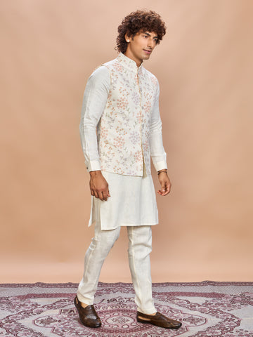 Multi Floral Printed Linen Jacket Kurta Set for Men