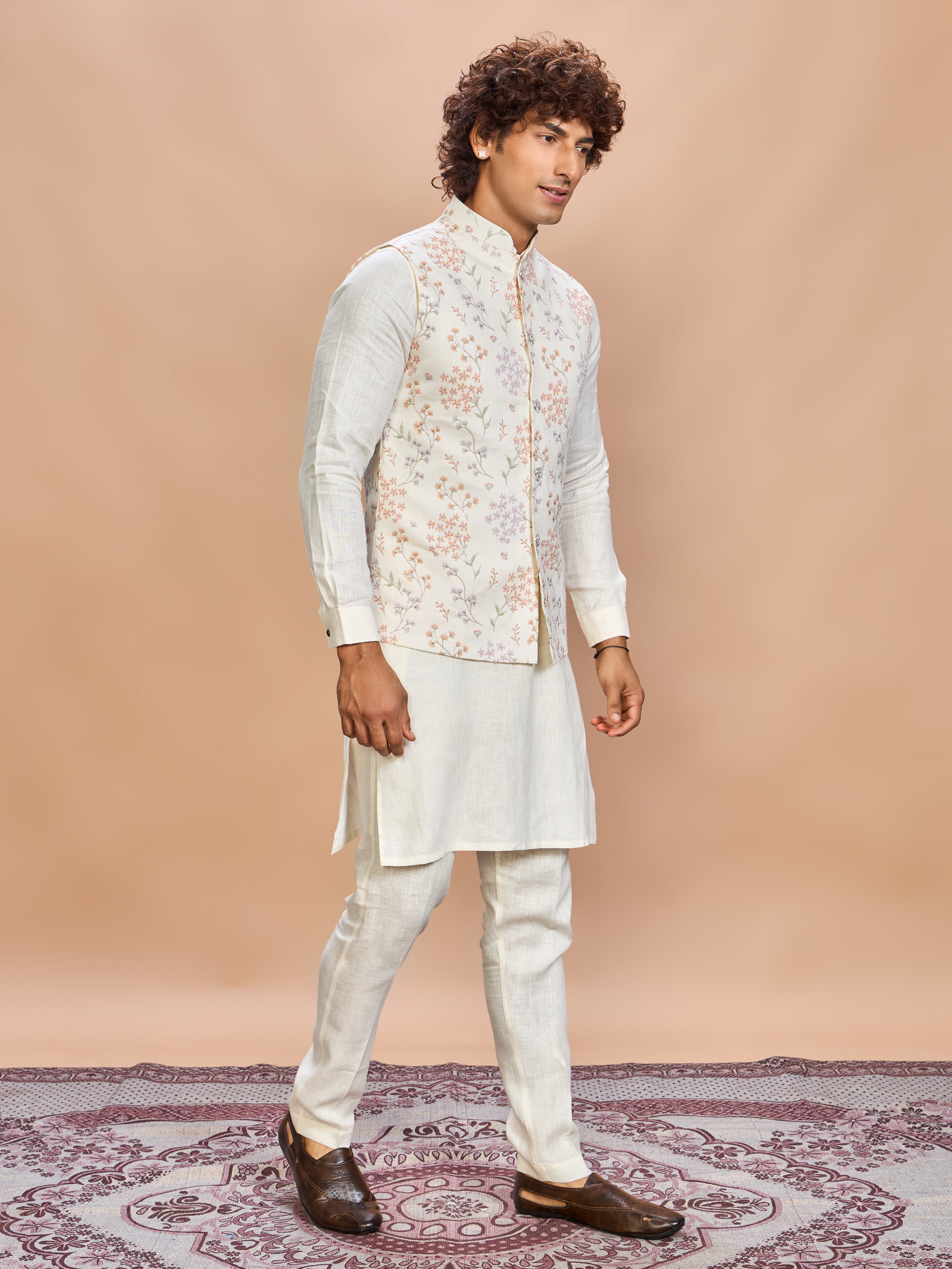 Multi Floral Printed Linen Jacket Kurta Set for Men