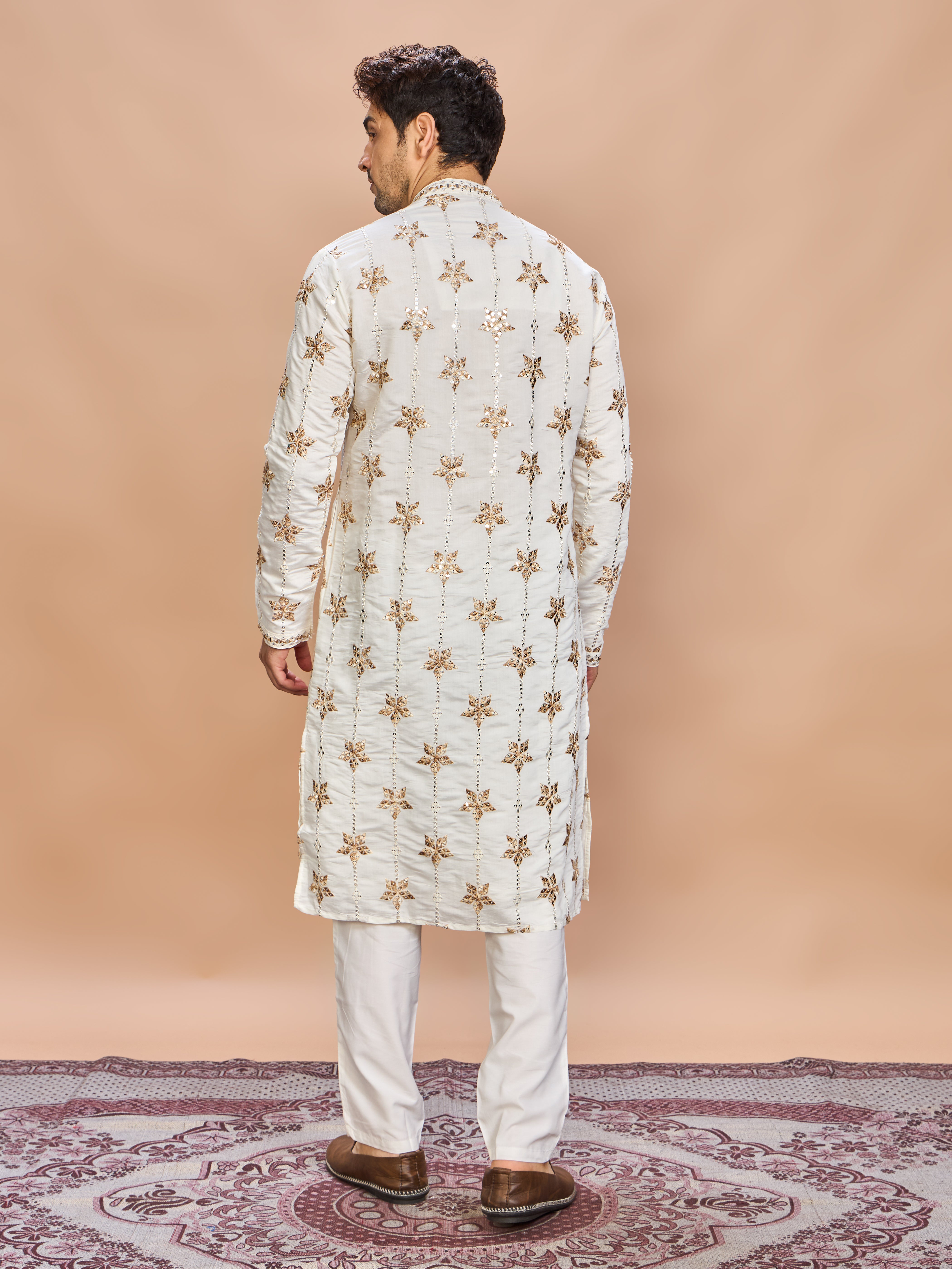 Cream Silk Embroidered Kurta Set