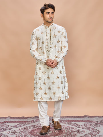 Cream Silk Embroidered Kurta Set