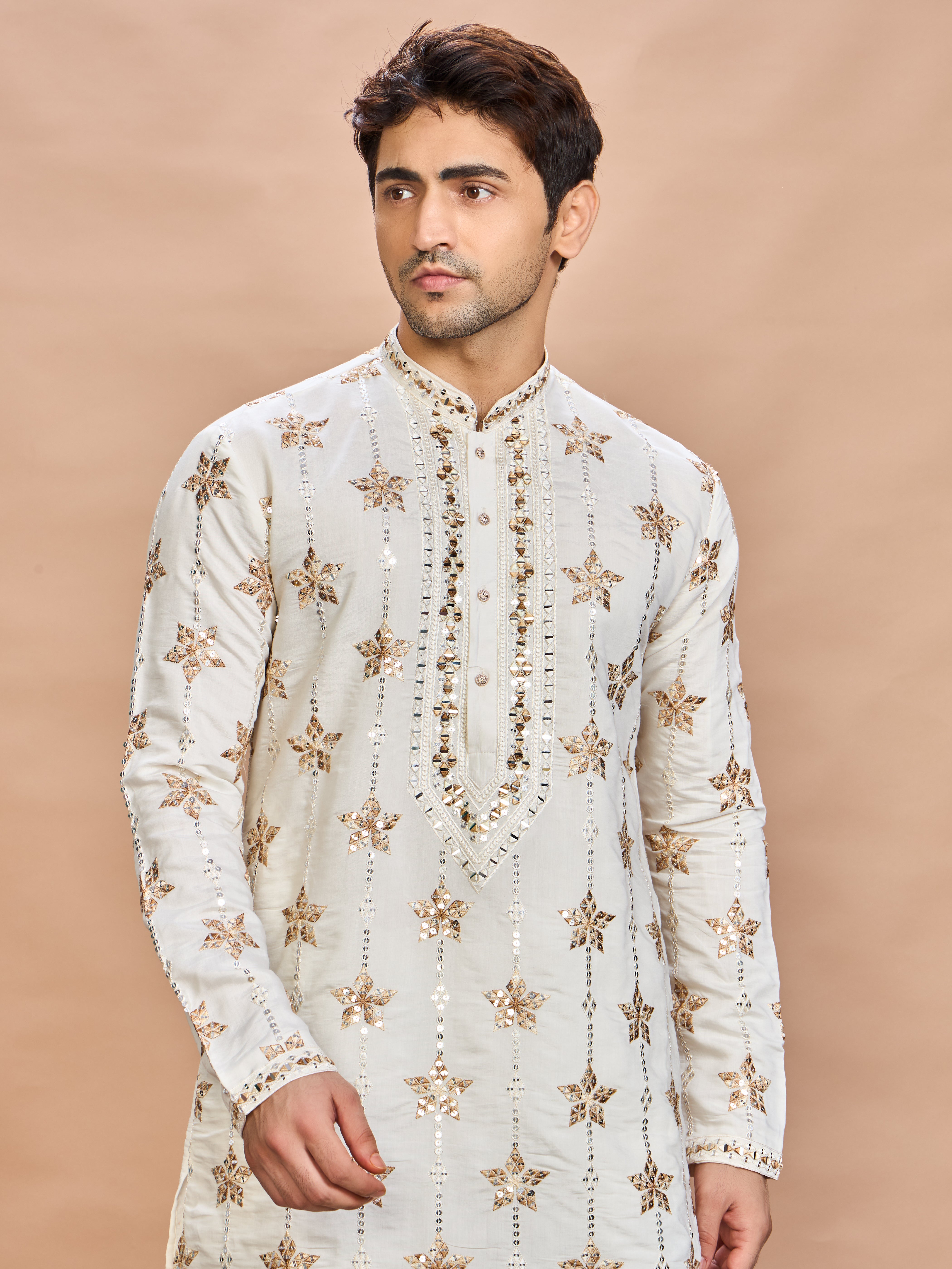 Cream Silk Embroidered Kurta Set