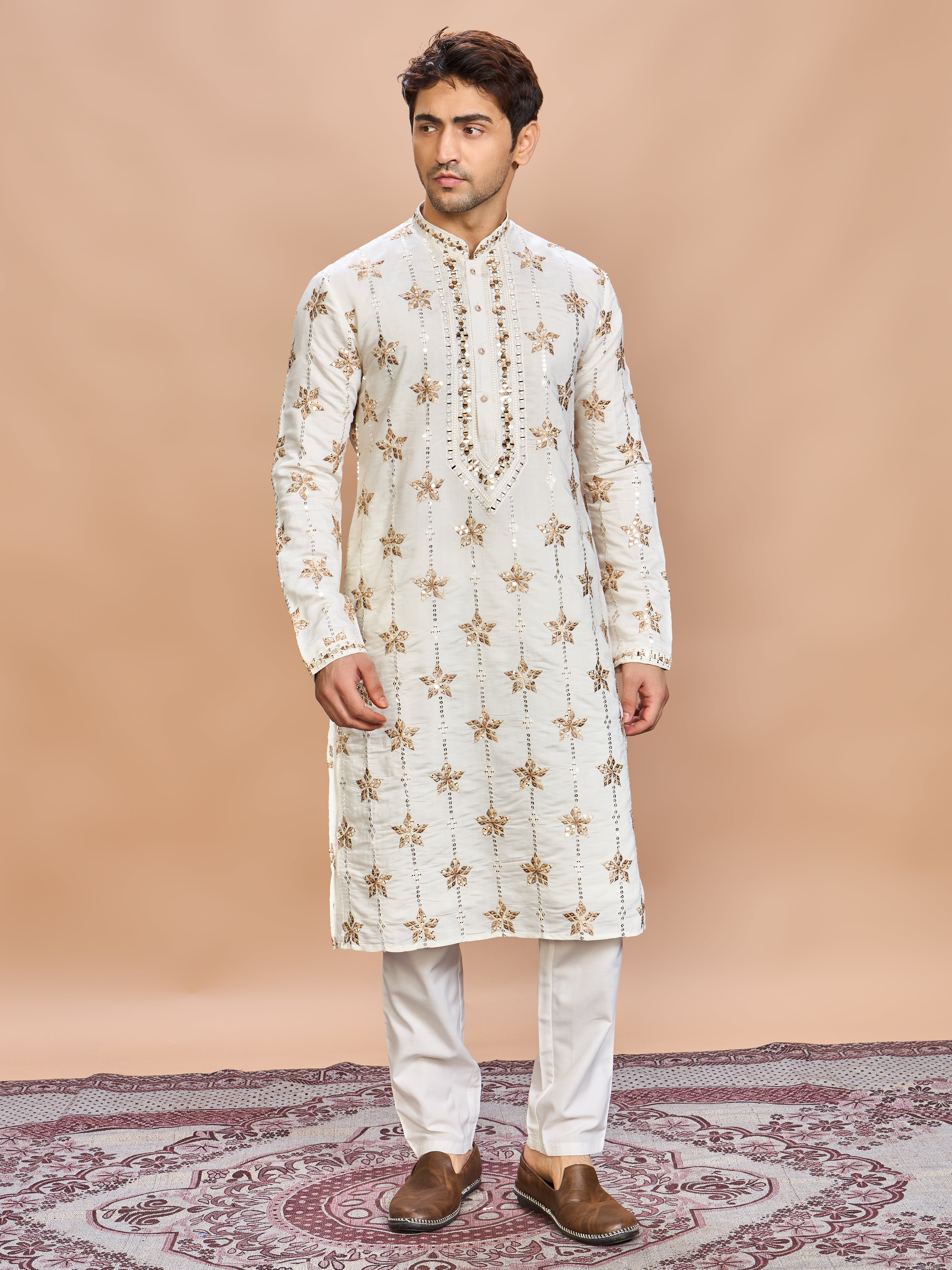 Cream Silk Embroidered Kurta Set