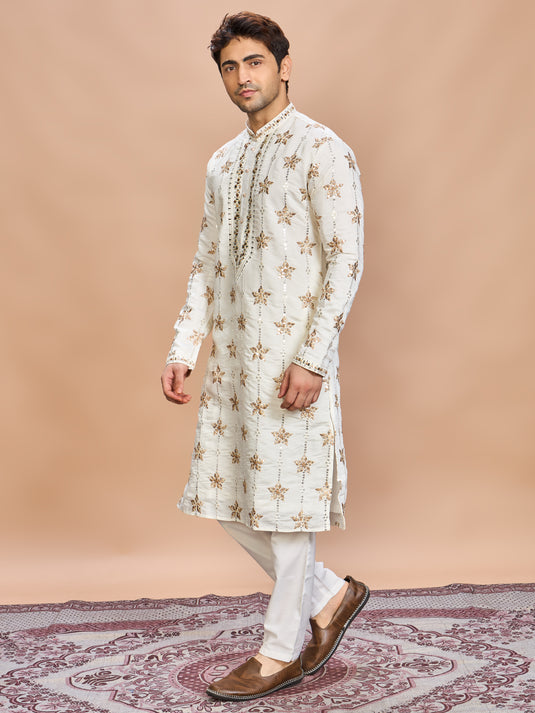 Cream Silk Embroidered Kurta Set