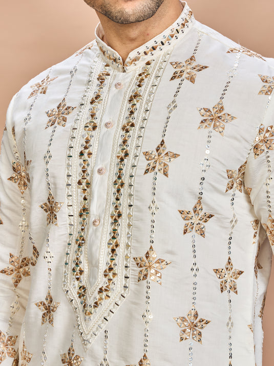 Cream Silk Embroidered Kurta Set