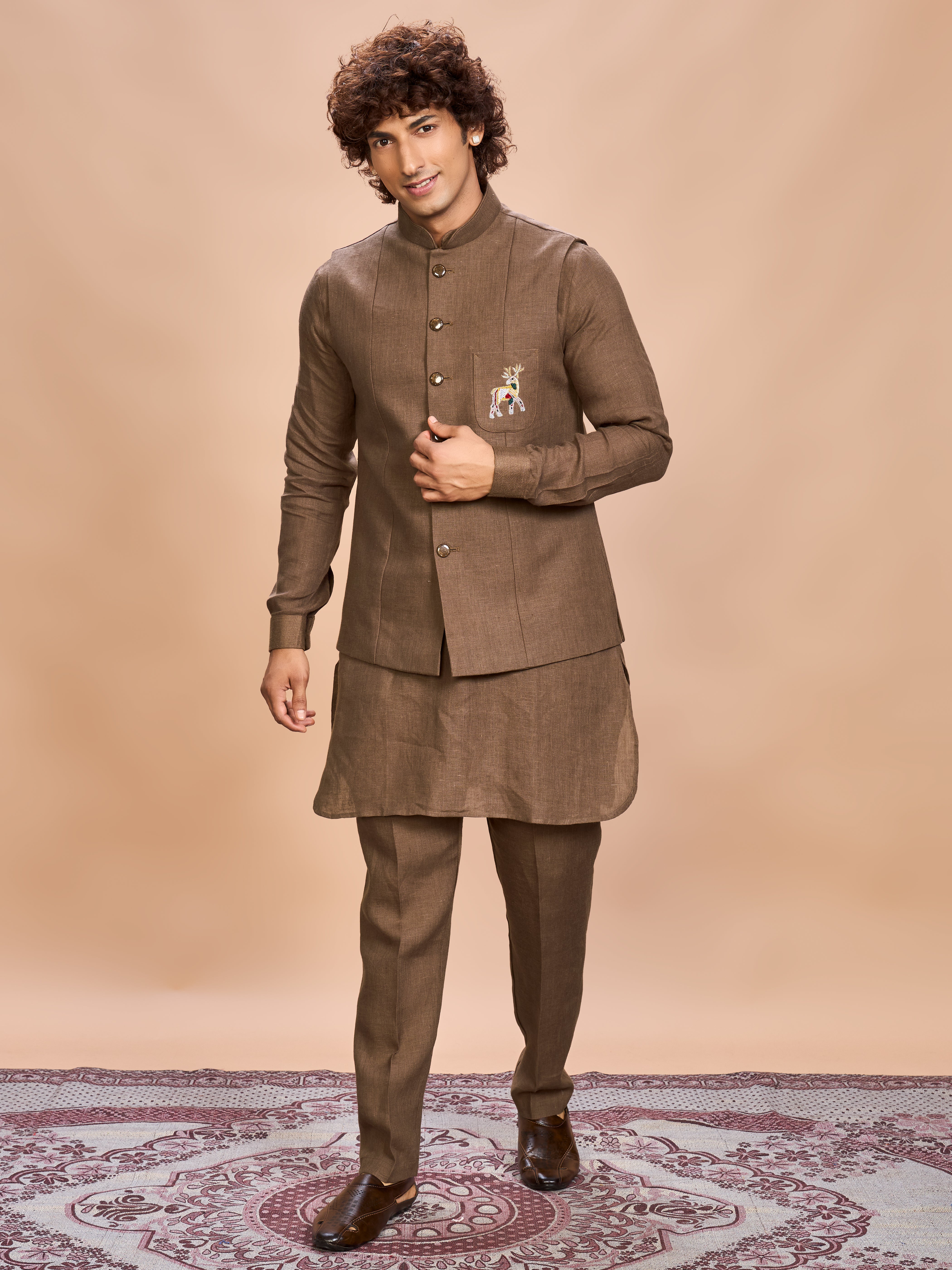 Brown Linen Jacket Kurta Set for Men