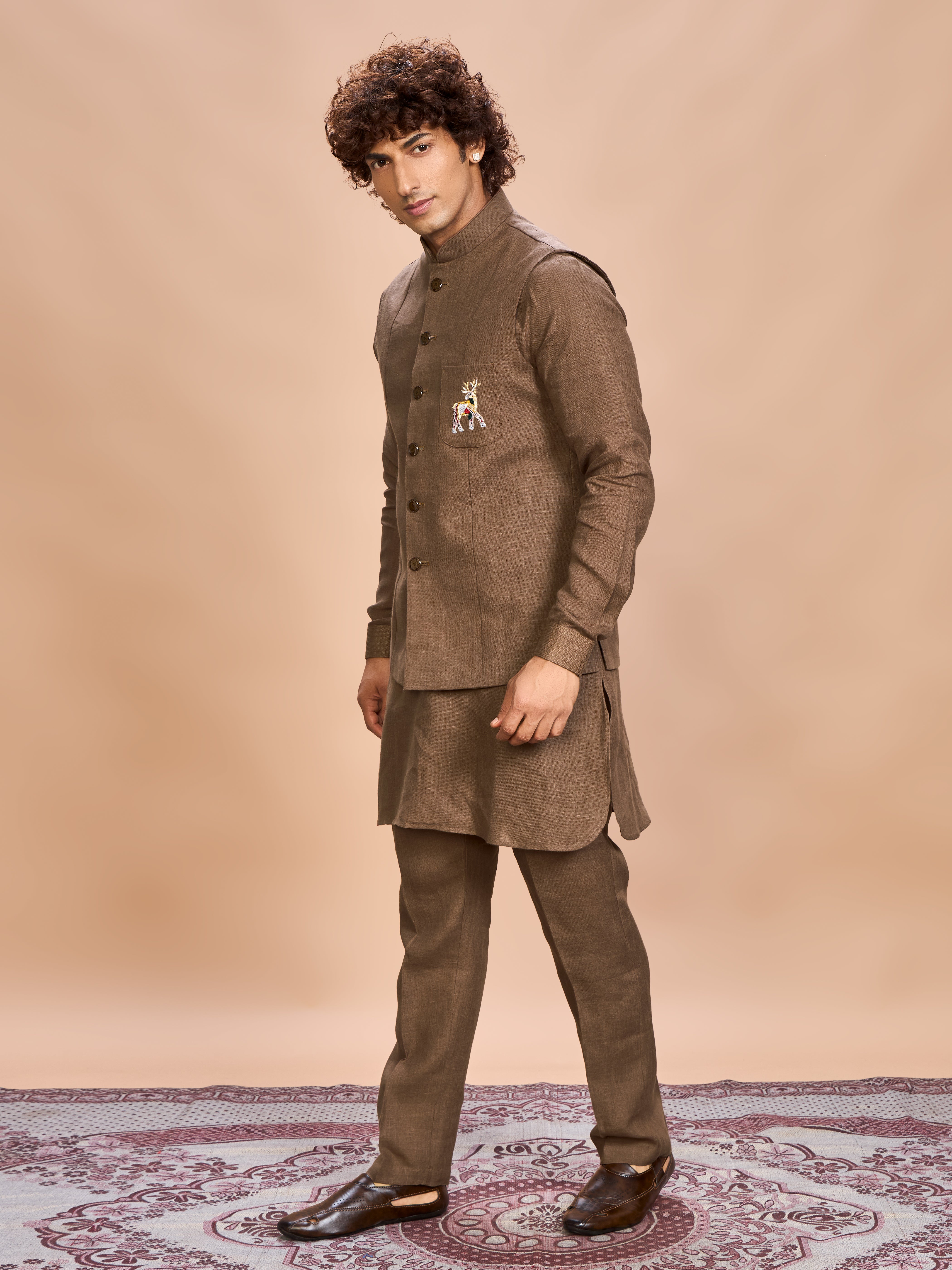 Brown Linen Jacket Kurta Set for Men