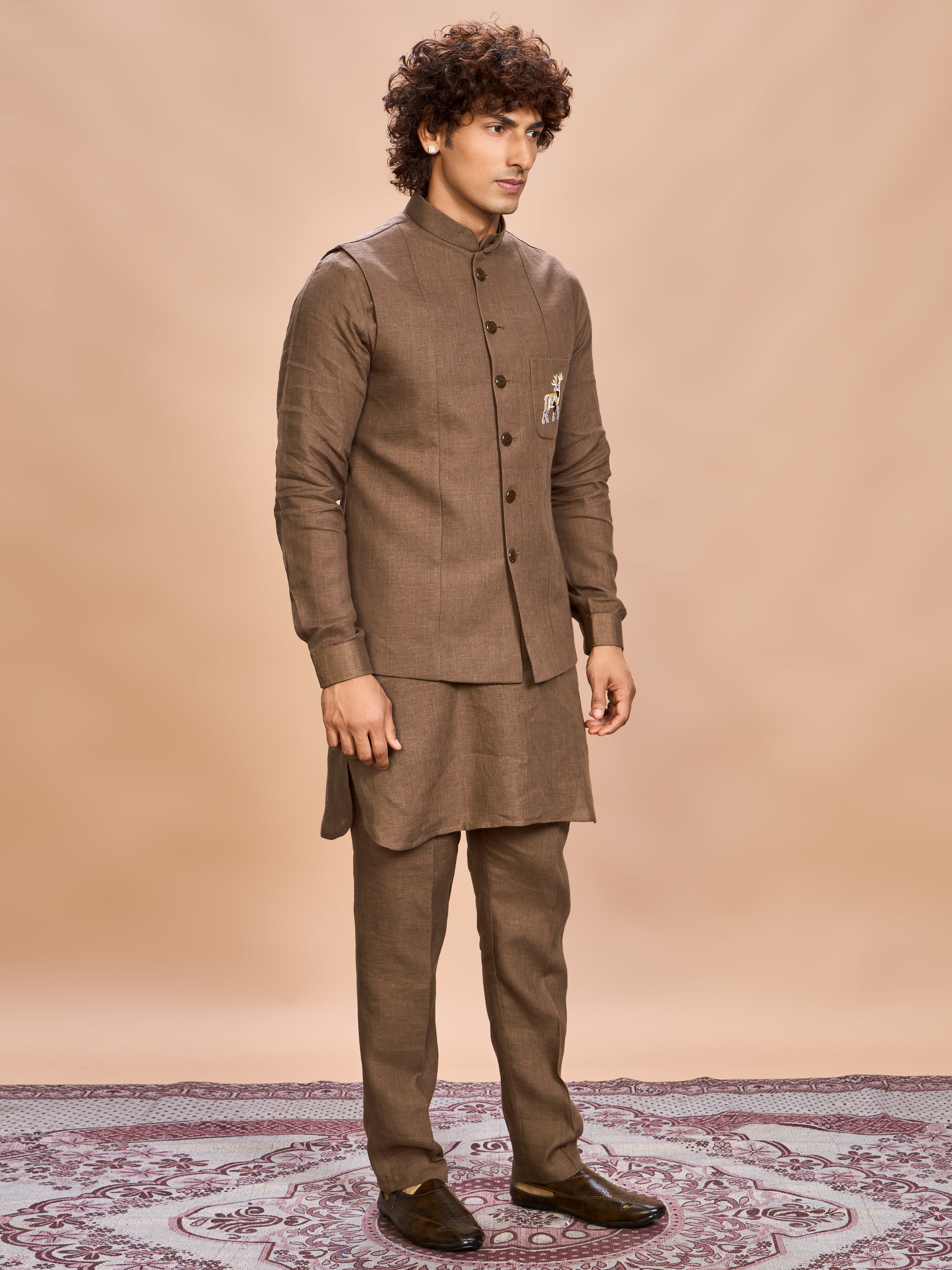 Brown Linen Jacket Kurta Set for Men
